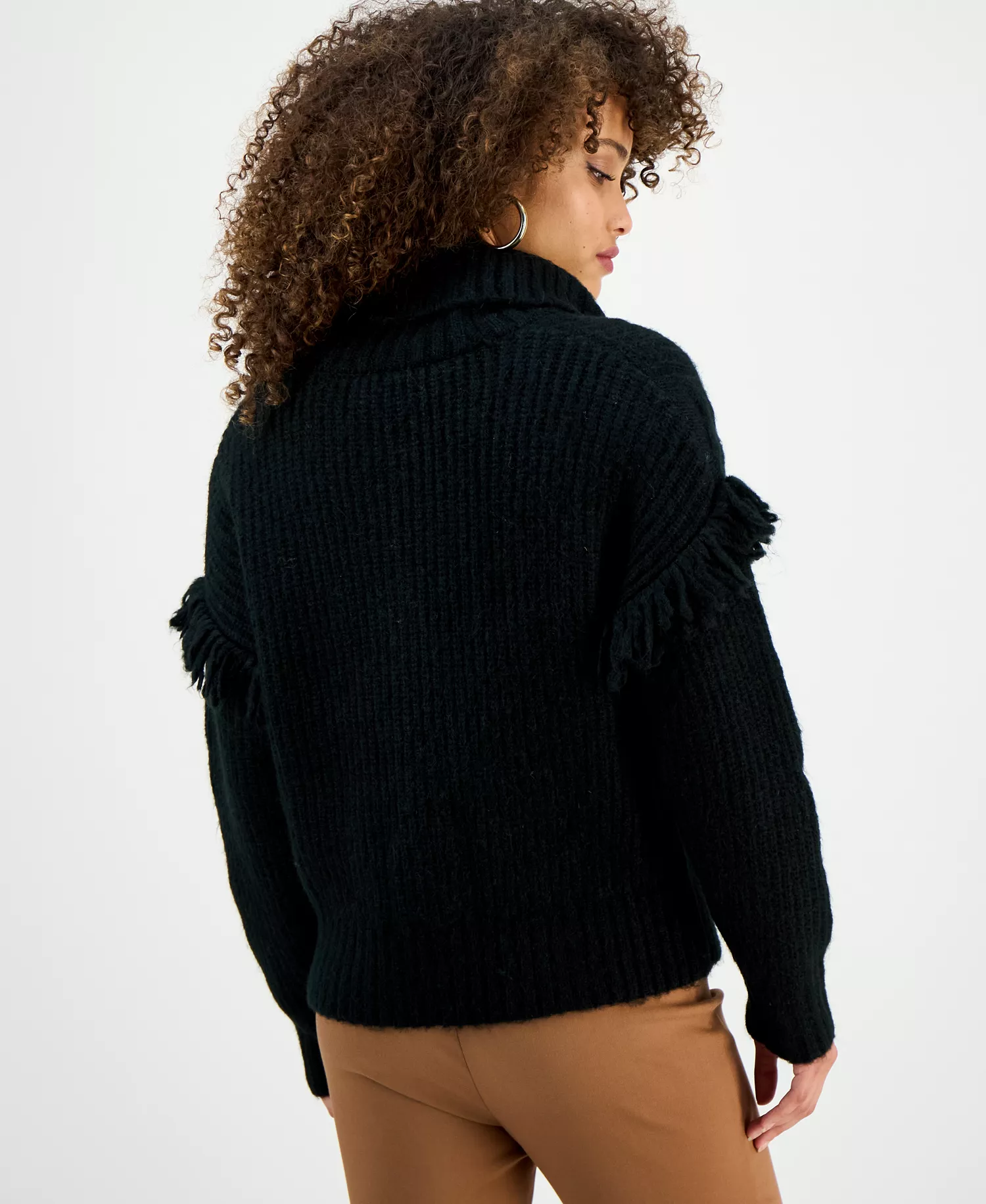 Women's Turtleneck Fringe Trim Sweater, Macy's Exclusive - Deep Black - L