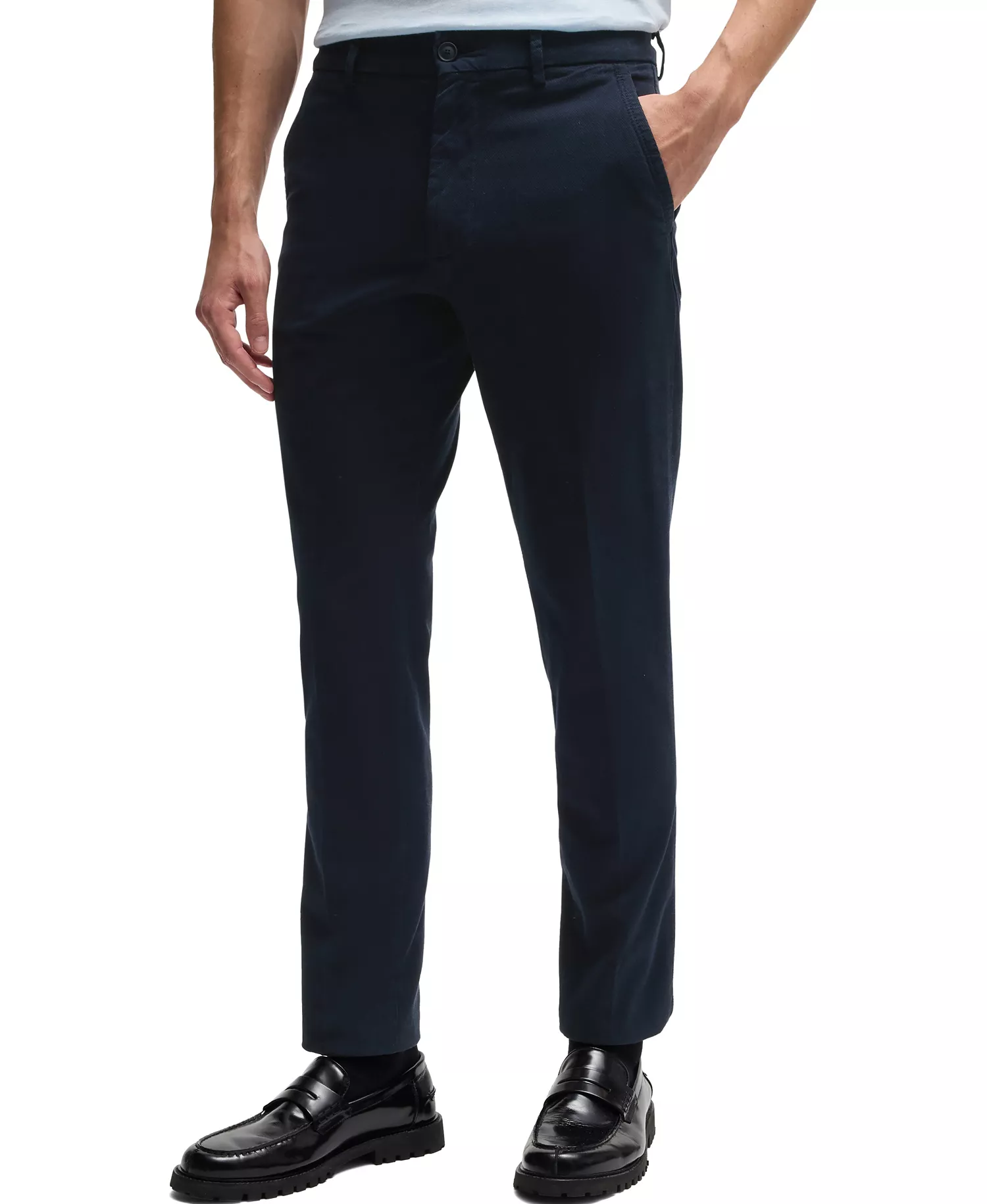 Men's Structured Cotton Blend Slim-Fit Trousers - Dark Blue - 34R