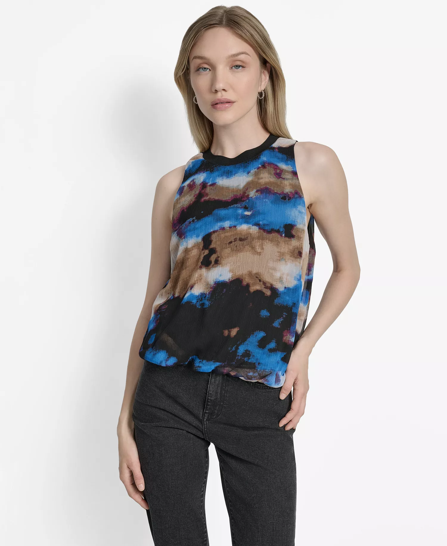 Women's Printed Bubble-Hem Sleeveless Top - Clouded Inkblot - M