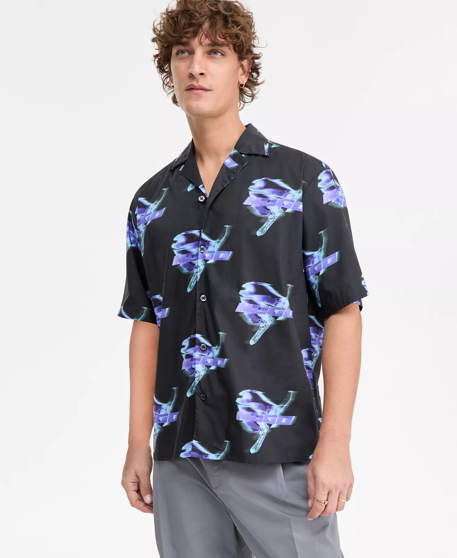 Eligino Short Sleeve Logo Print Button-Front Camp Shirt - black - 2XL