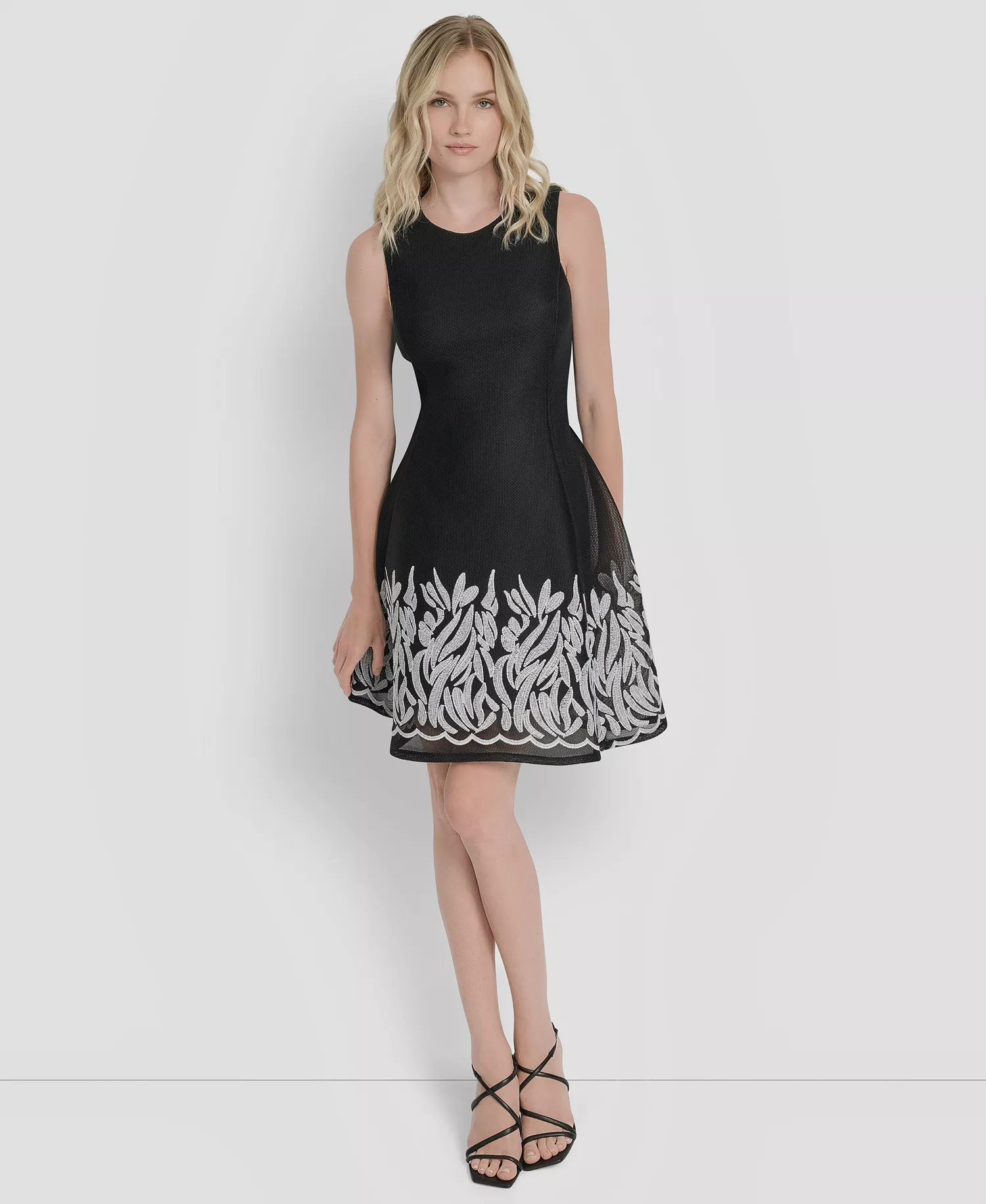Women's Embroidered Mesh Sleeveless Fit & Flare Dress - Black/Ivory - 10