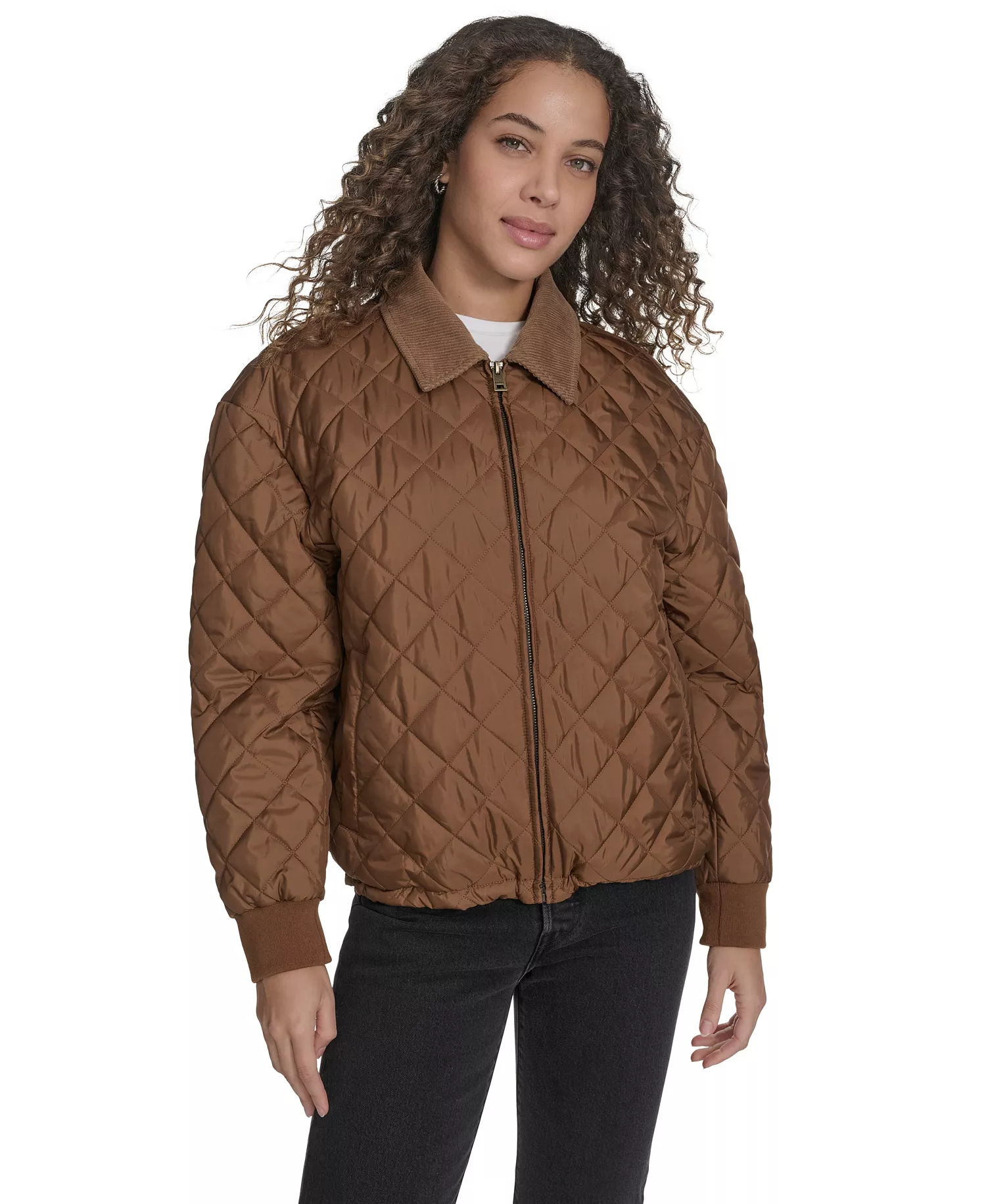 Women's Diamond Quilted Bomber with Corduroy Collar - Bison - M