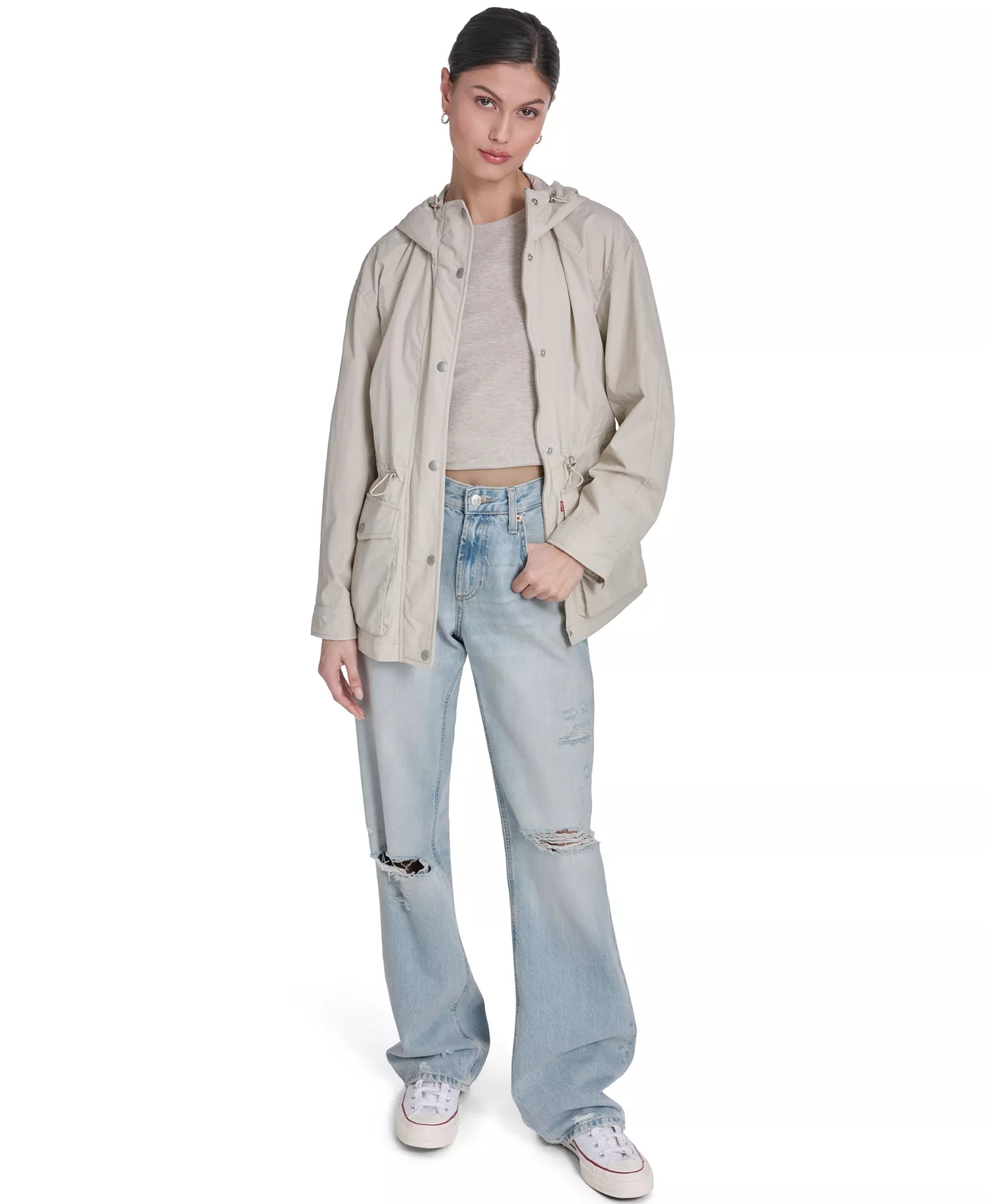 Women's Hooded Zipper and Button-Snap Jacket - Oatmeal - L