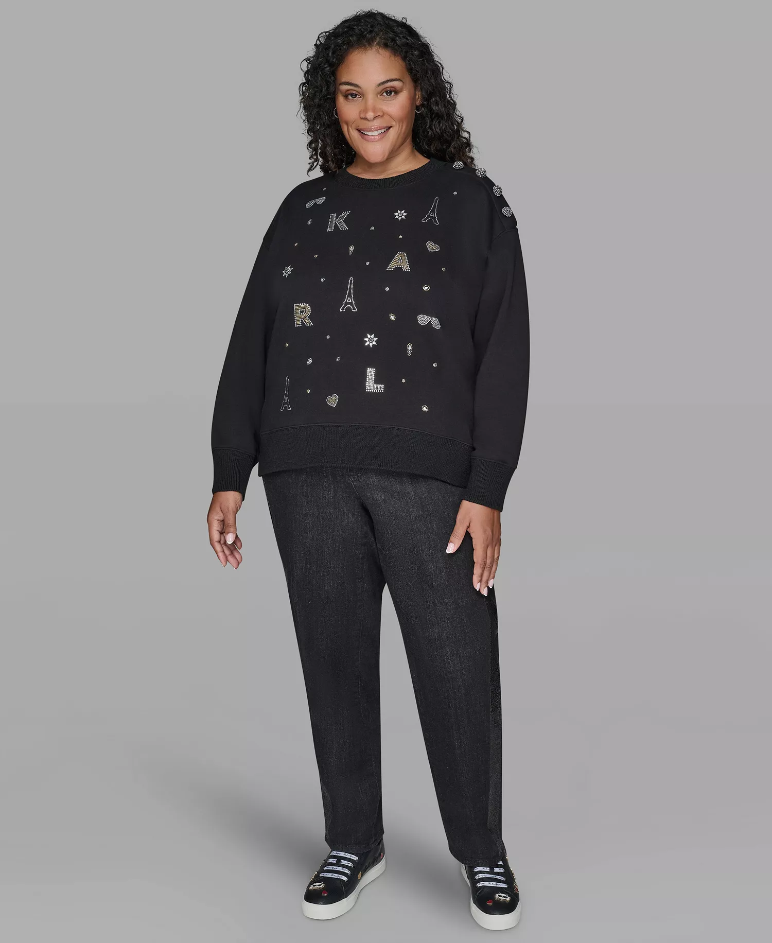 Women's Plus Size Knit Long-Sleeve Sweater - Black - 0X