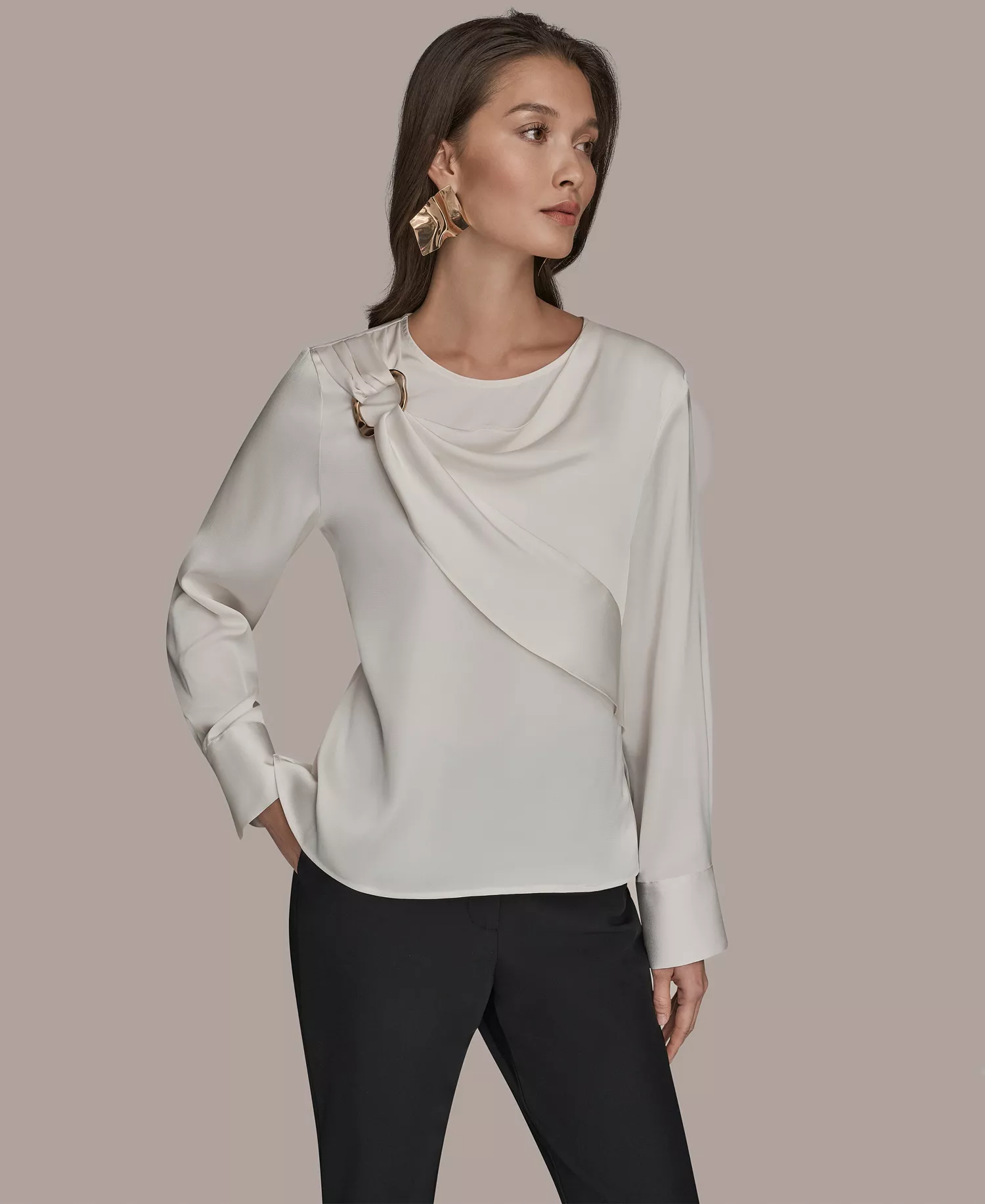 Women's Scoop Neck Long-Sleeve Top - Cream - L