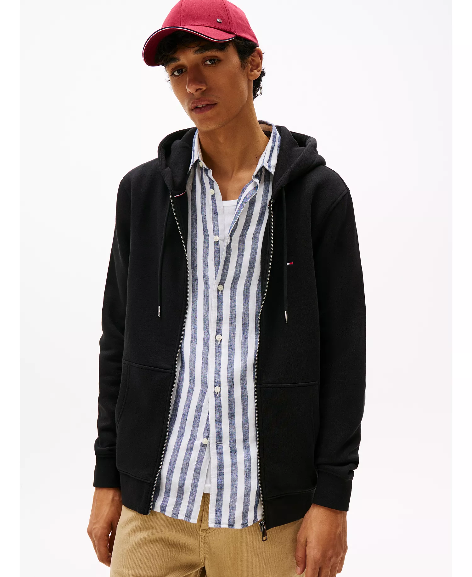 Men's Long Sleeve Zip-Front Flag Logo Hoodie - Black - L