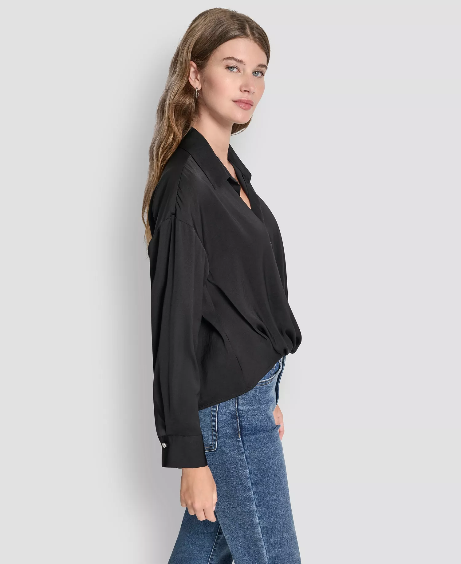 Women's Long-Sleeve Rhinestone Button-Front Shirt With Twist Hem - Black - L