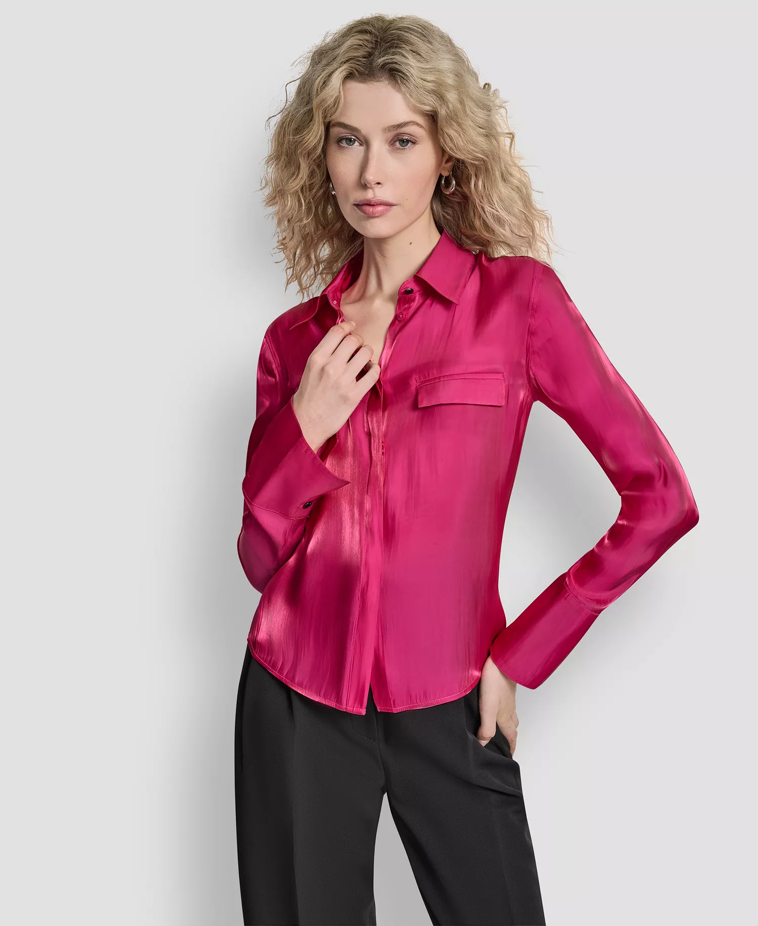 Women's Single Button Long Sleeve Blazer, Printed Long Sleeve Top and Pintuck Fit and Flare Trousers - Fuchsia - M