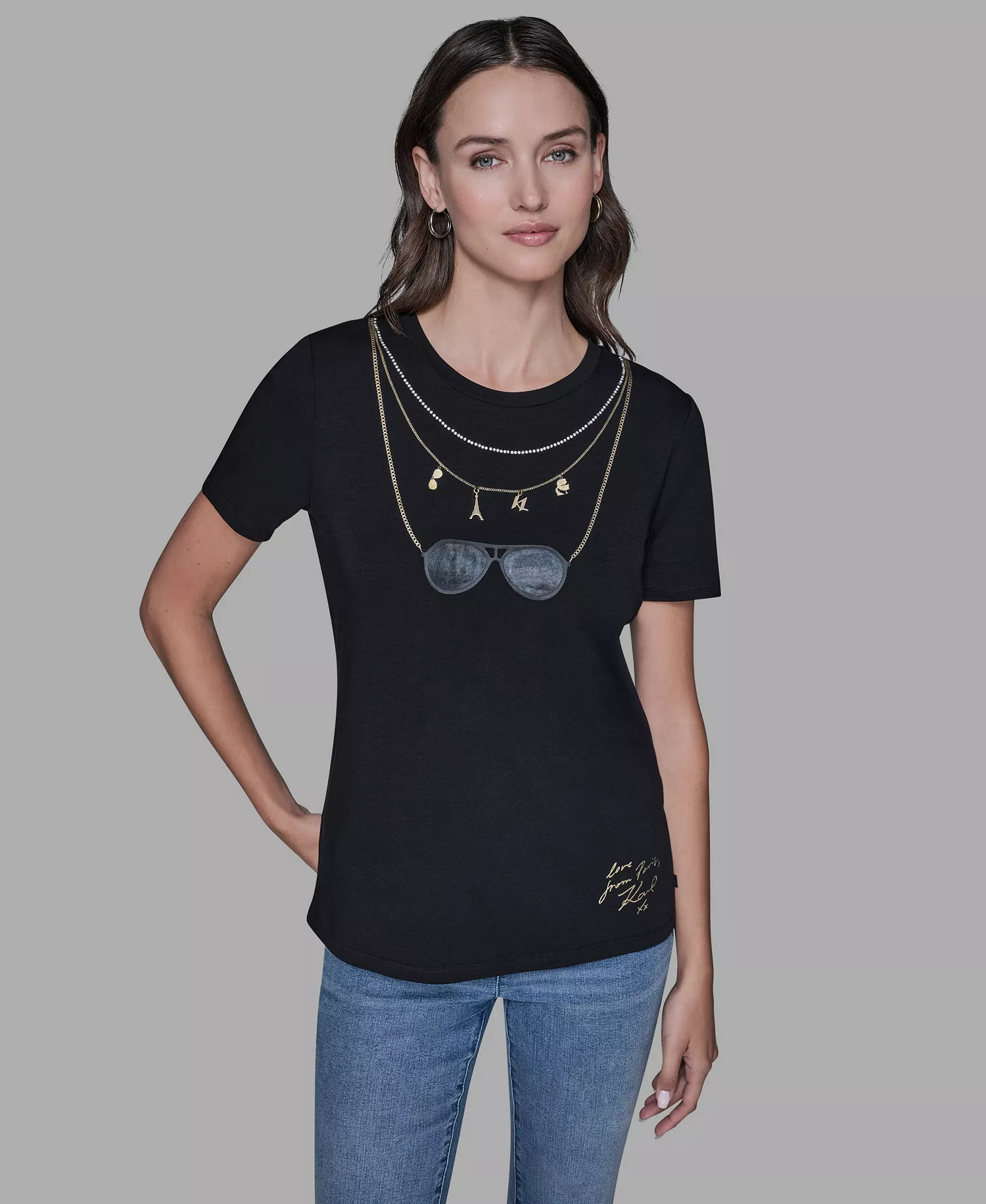 Women's Sunglasses Printed Pull-On T-Shirt - Black - L