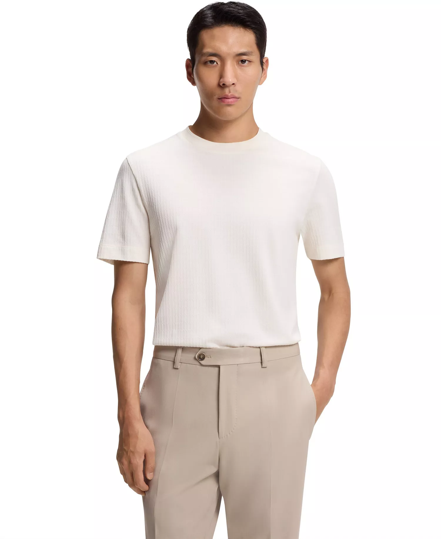 Men's Cotton-Silk Geometric Jacquard T-Shirt - Open White - L