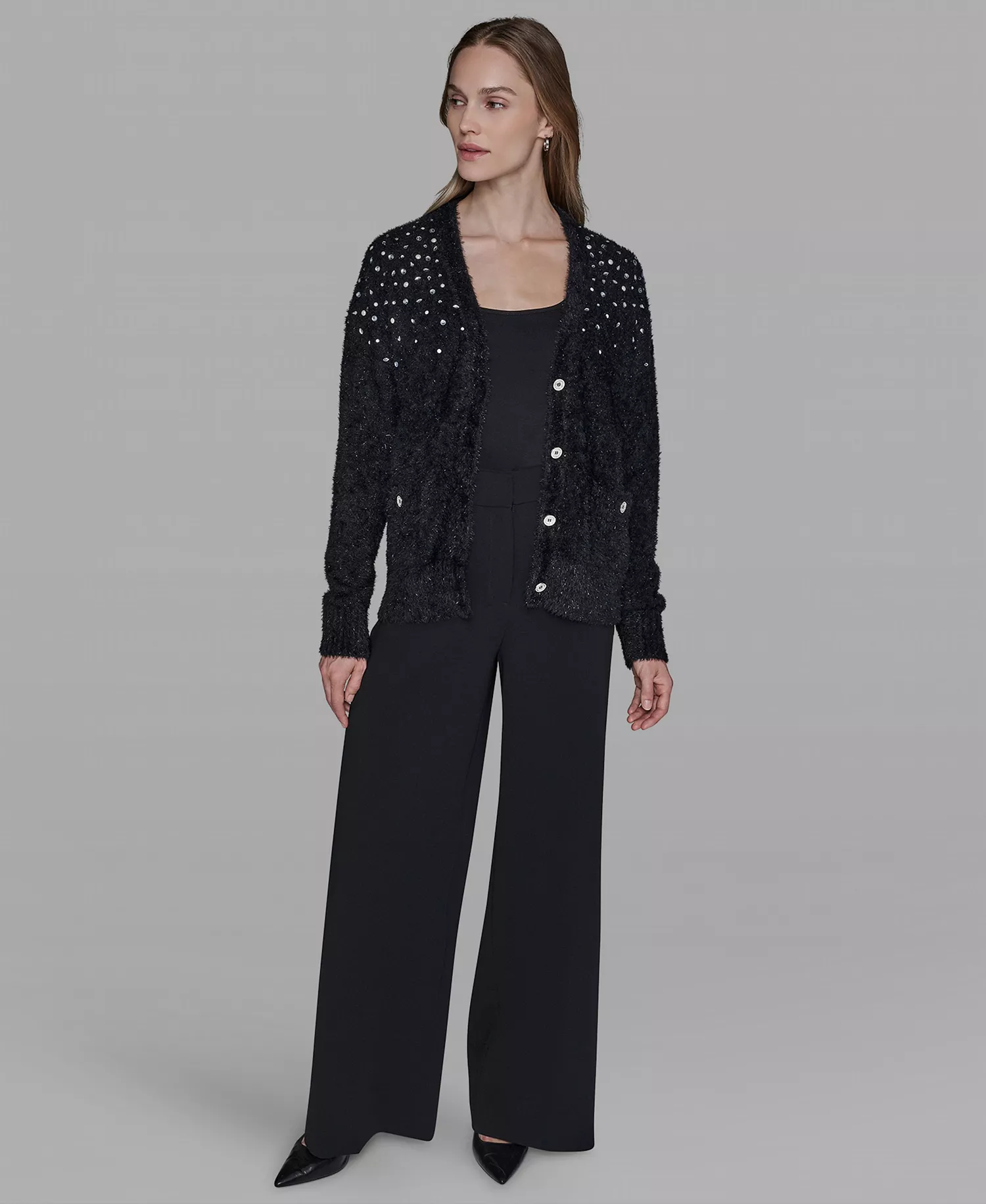 Women’s V-Neck Cardigan with Signature Button Closure - Black - L