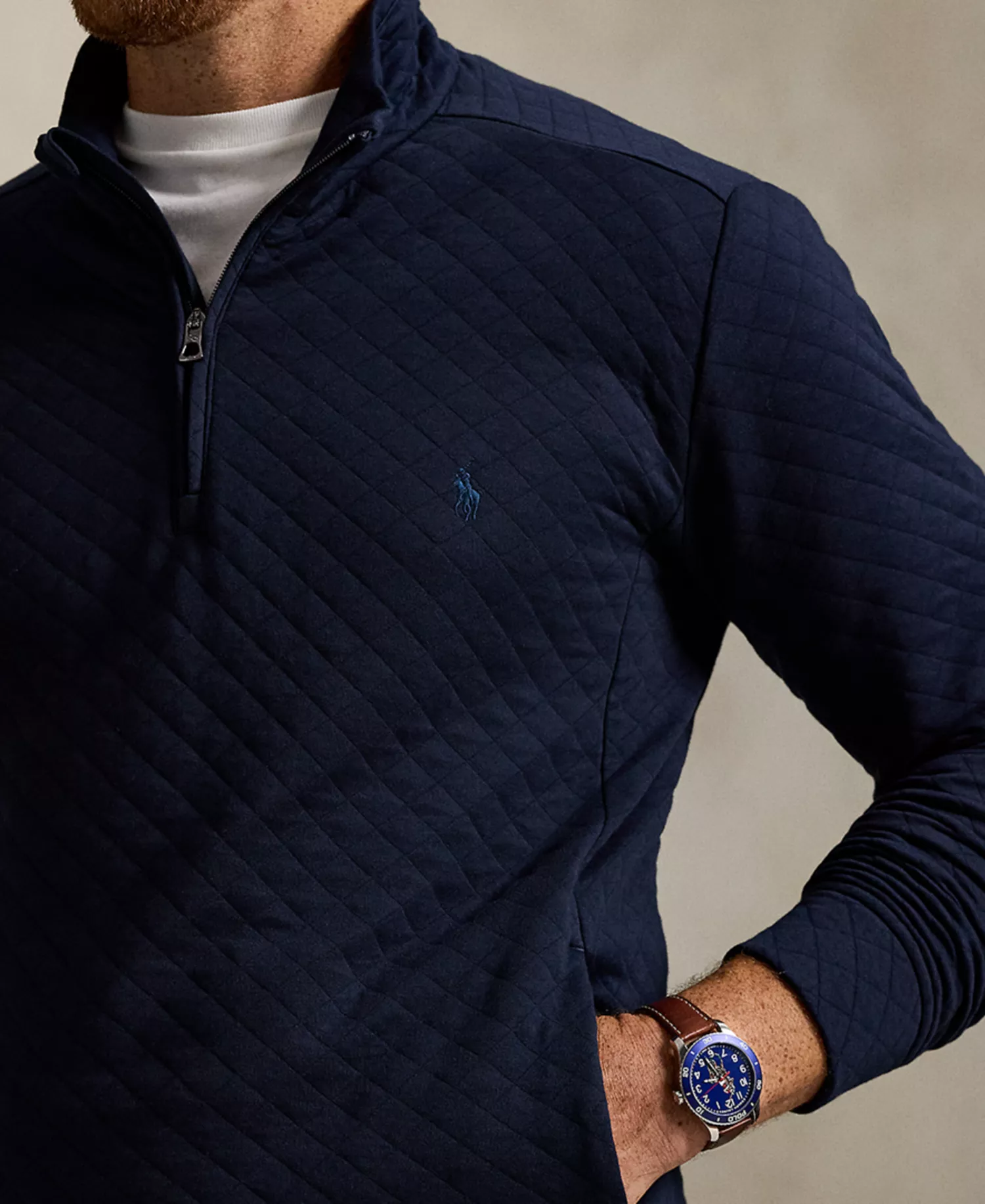 Men's B&T Long Sleeve Quilted Double-Knit Jersey Pull-On Sweater - Aviator Navy - 2LT