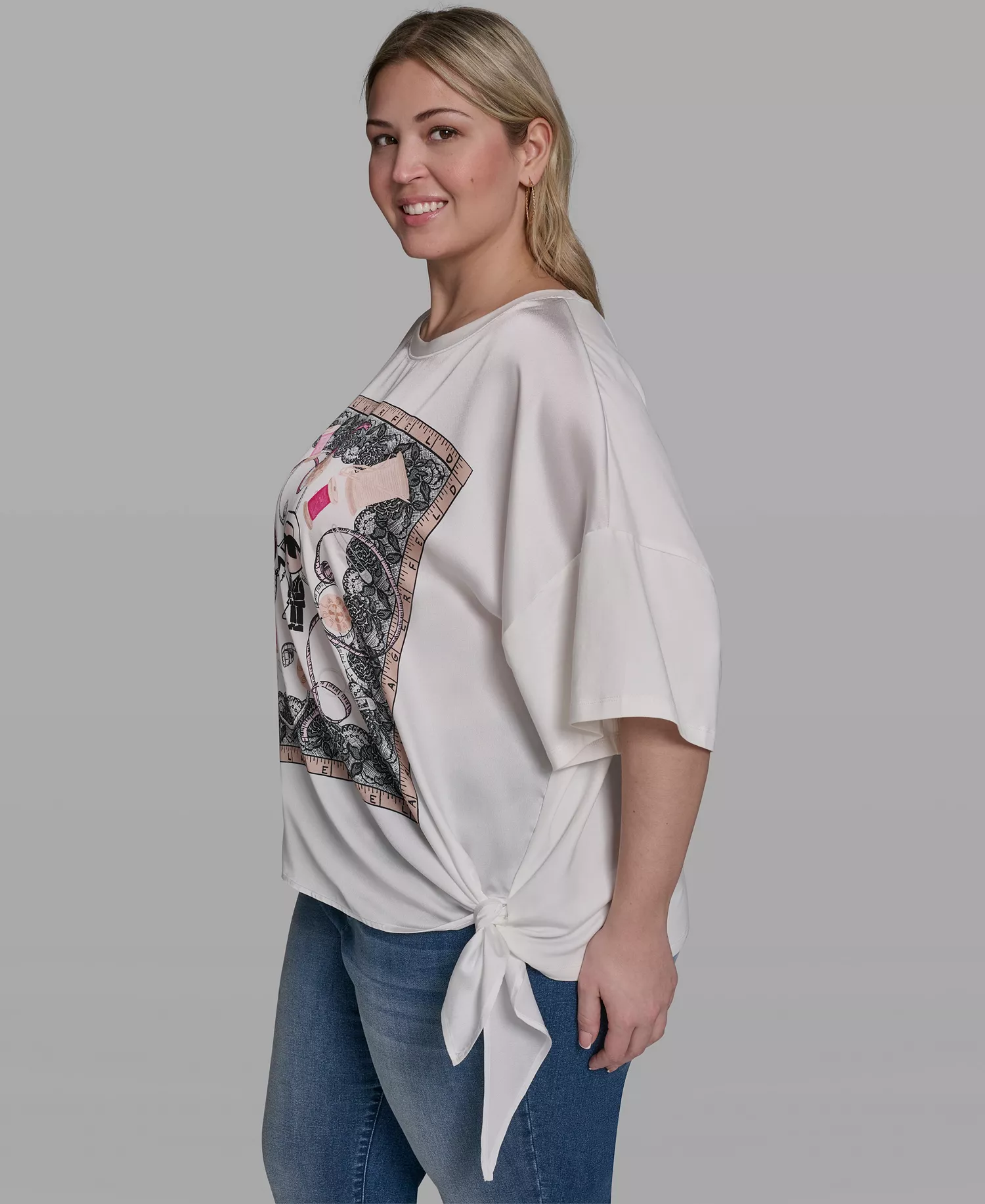 Plus Size Choupette & Karl Printed Boat Neck Top - Soft White - 0X