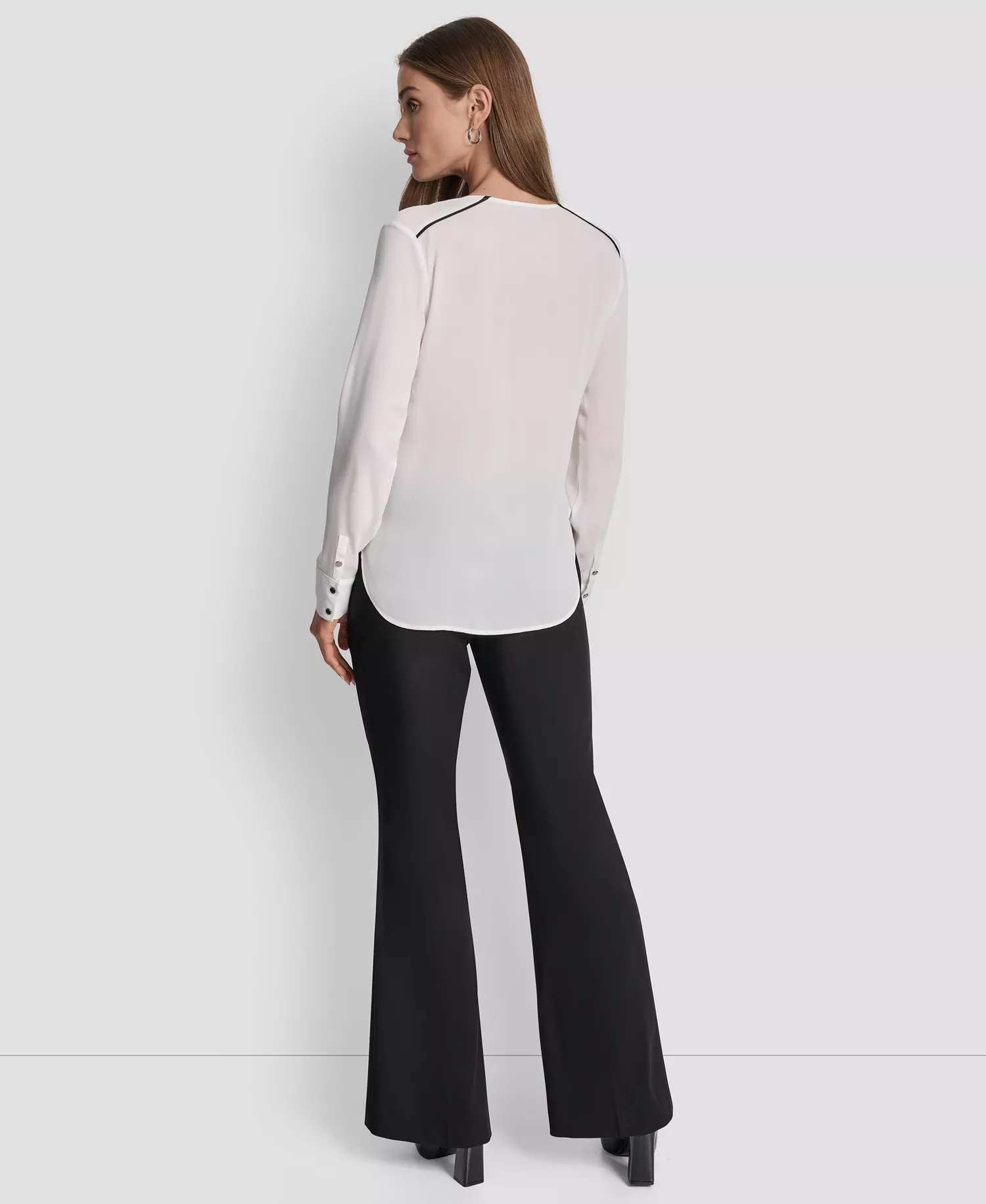 Women's Long Sleeve Trimmed Lapel Blouse, Regular & Petite - Black/ Linen White - L