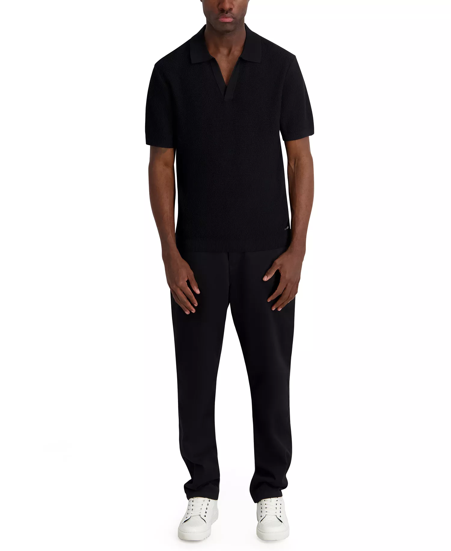 Men's Open Weave Johnny Collar Polo Shirt - Black - 2XL