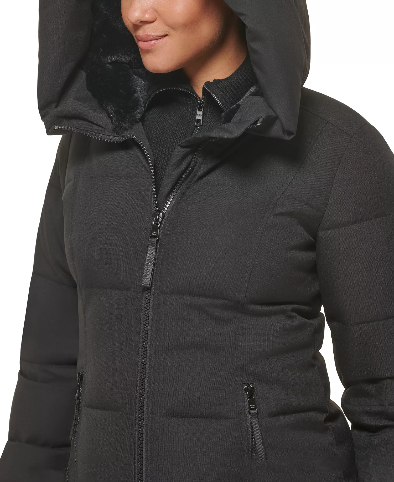 Women's Stand Collar Hooded Puffer Coat - Black - L