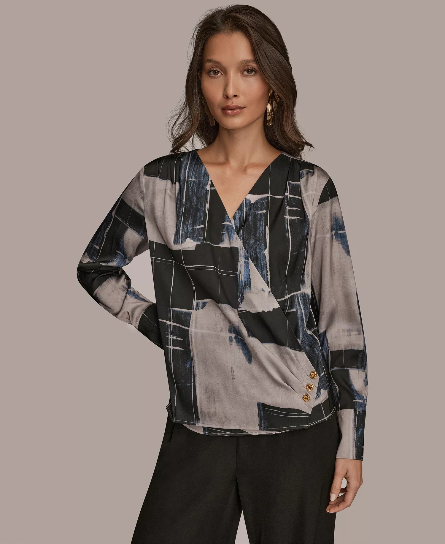 Women's Faux Wrap Long Sleeve V-Neck Top - Vapor Multi - L
