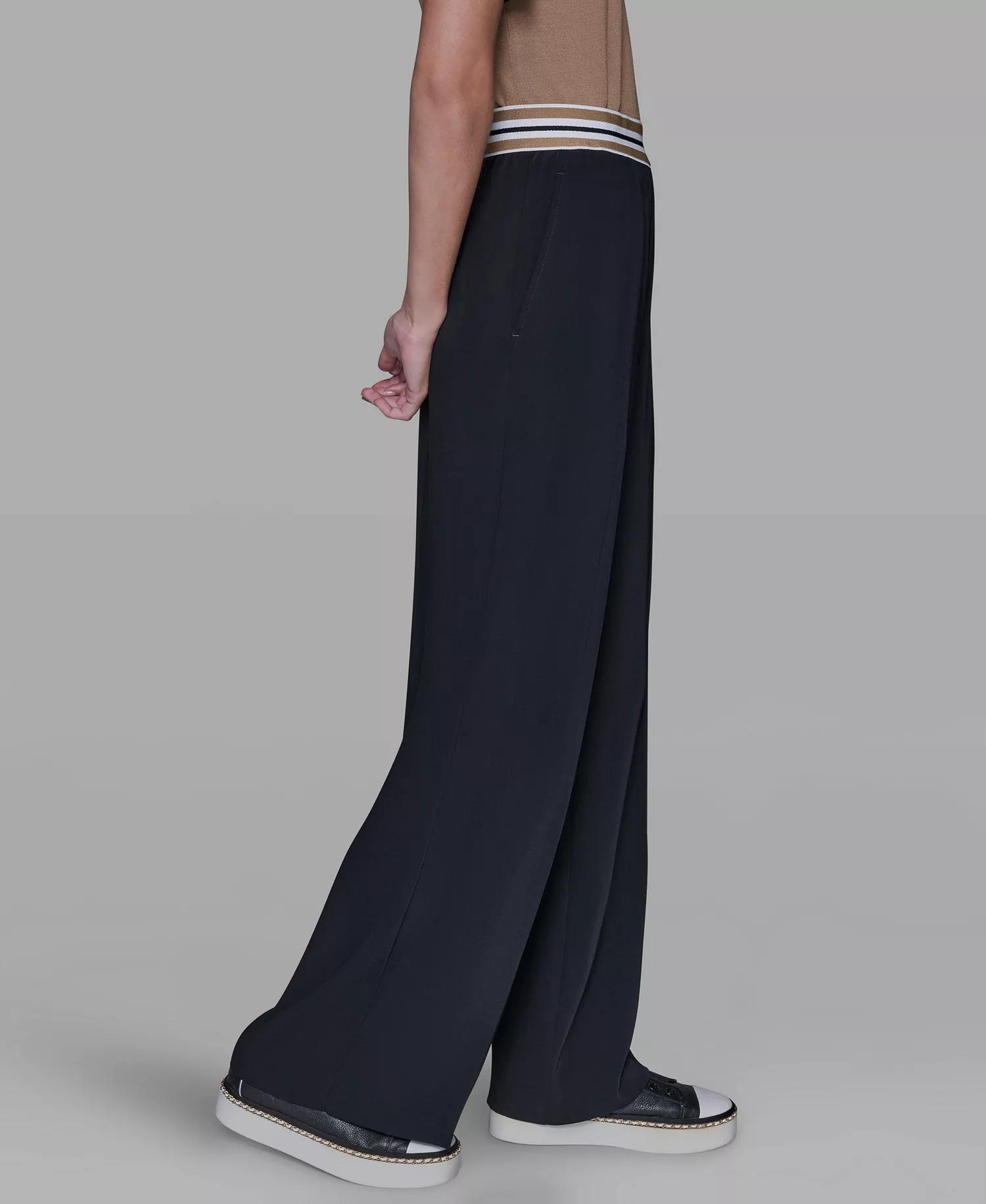 Women's Striped Wide Leg Pull-On Pants - Black - L