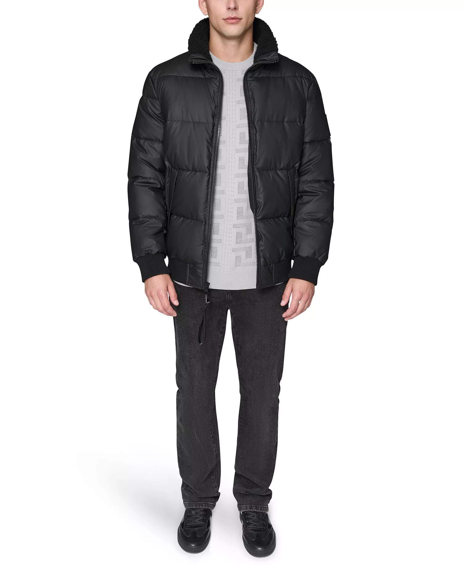Men's Sherpa Lined Stand Collar Puffer Jacket - Black - L