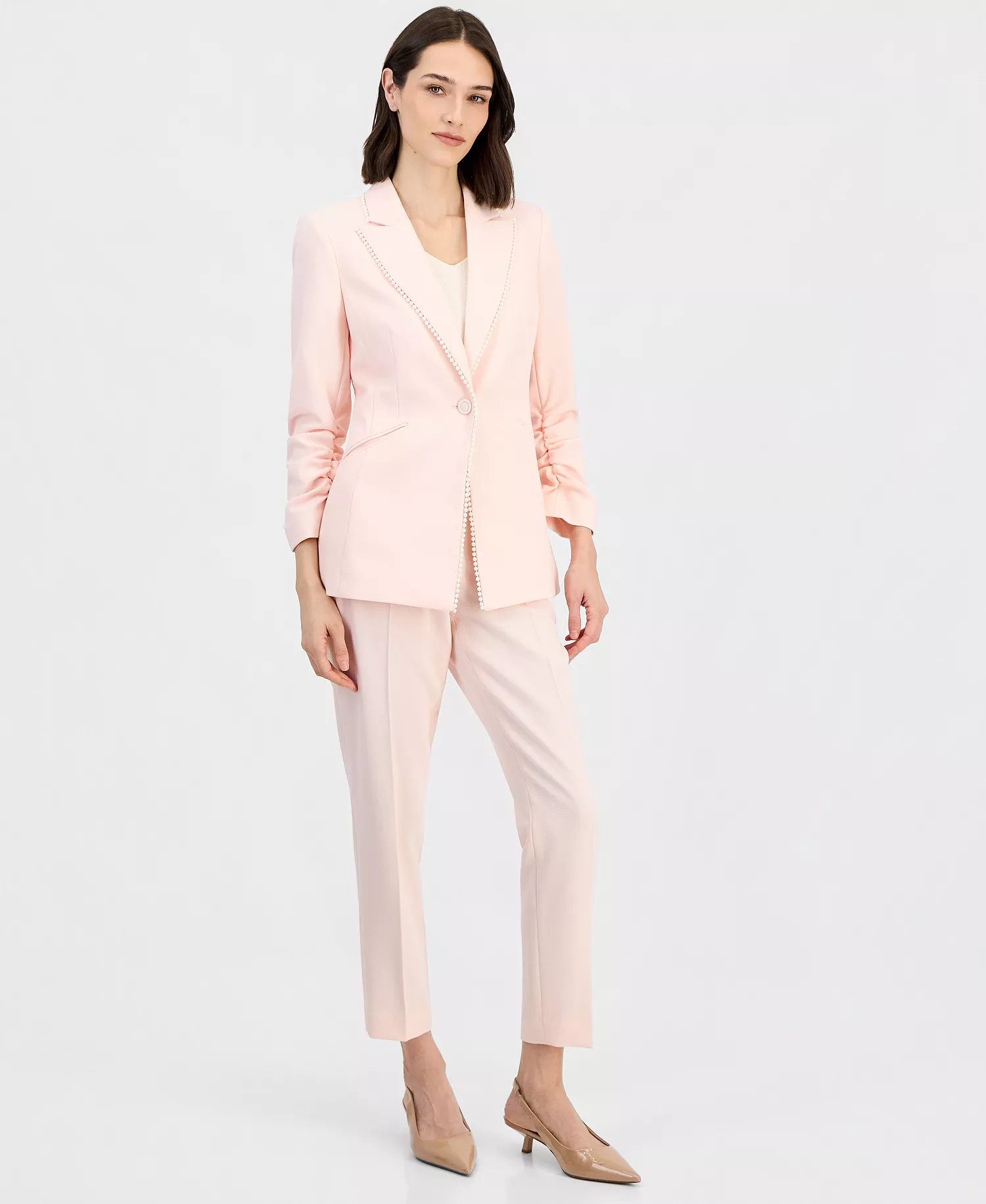 Women's Faux-Pearl-Trim Ruched-Sleeve Blazer & Straight-Leg Ankle Pants - Tea Rose - 10