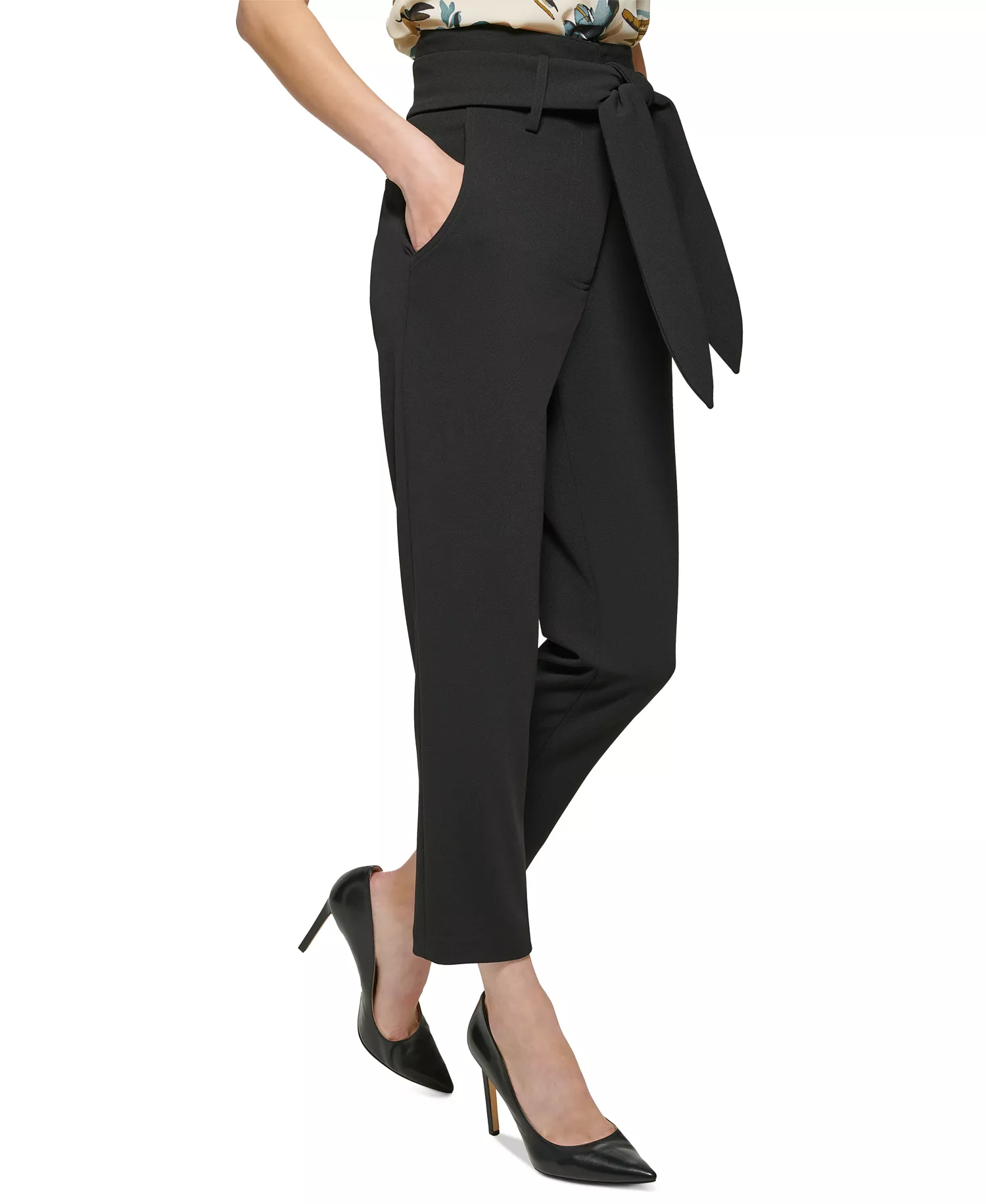 Women's Tie-Waist High-Rise Straight-Fit Pants  - Black - 0