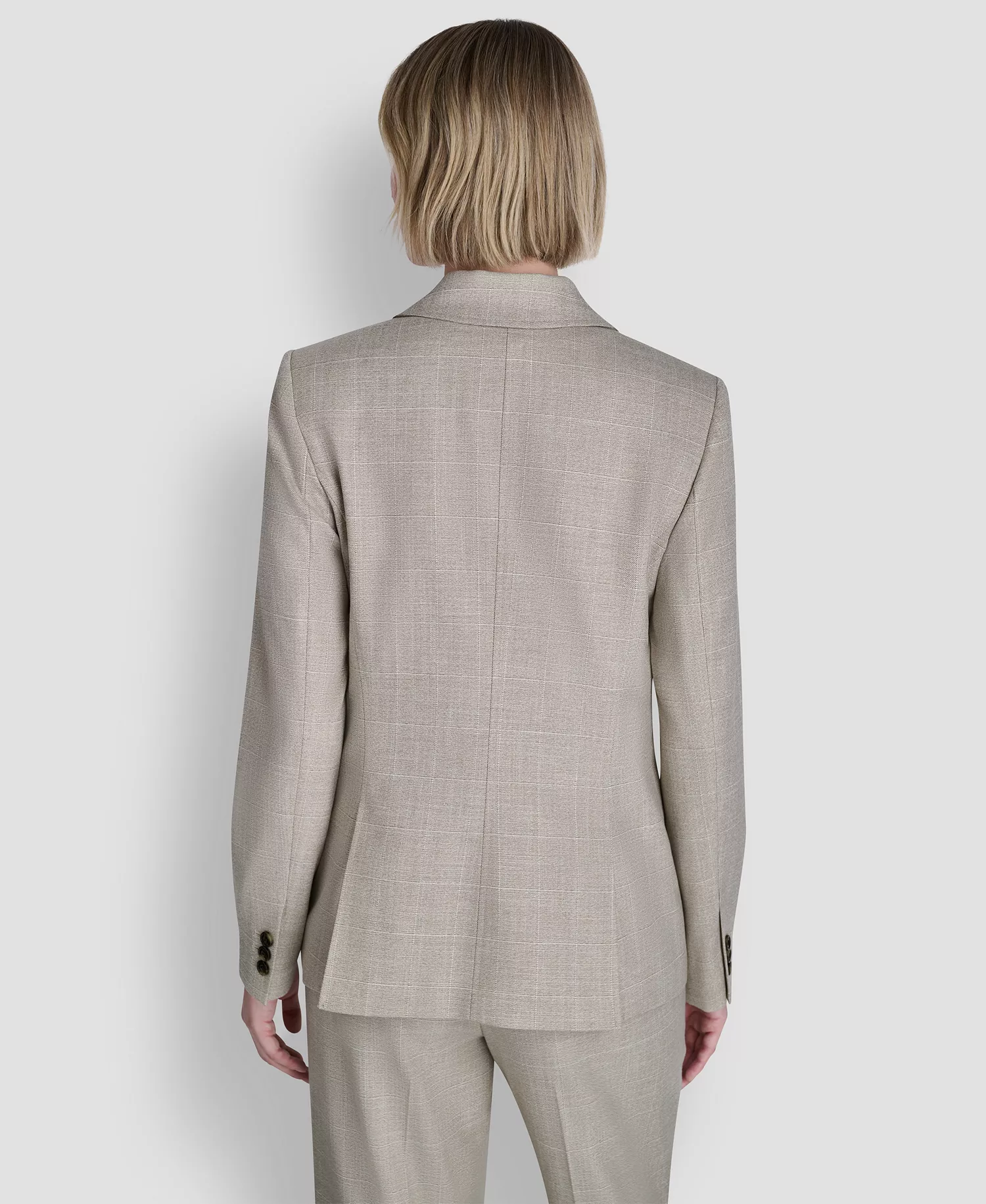 Women's Windowpane Melange Double Breasted Jacket, Cropped Pant and Woven Sleeveless Blouse - Pebble / White Combo - 10