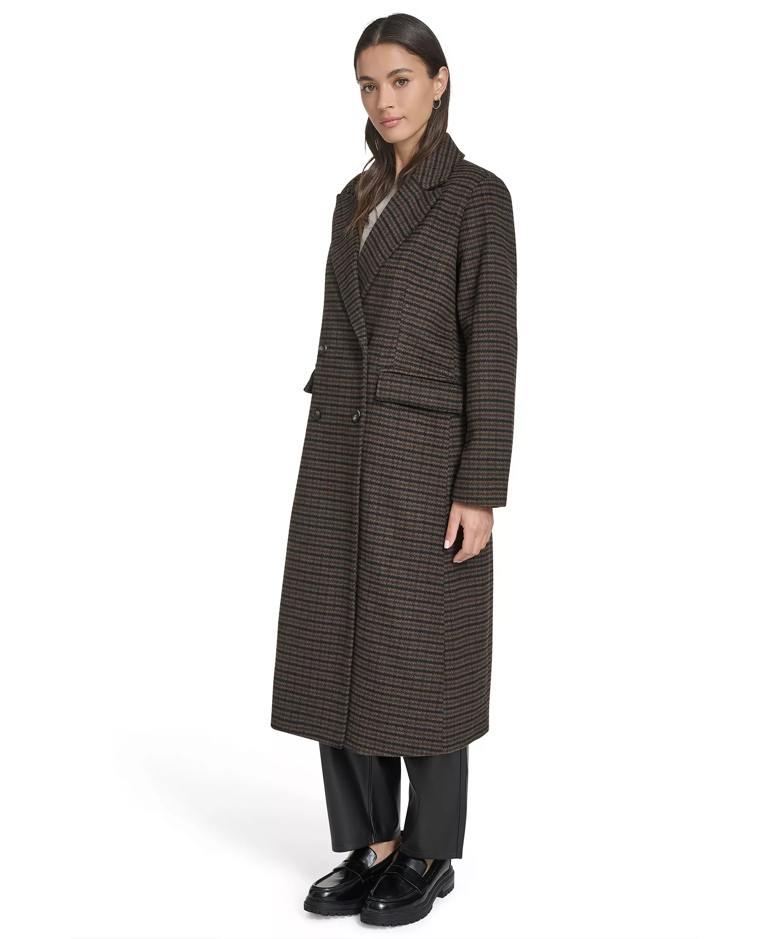 Women's Regular Double Breasted Blazer Coat - Black/Brown Houndstooth - L