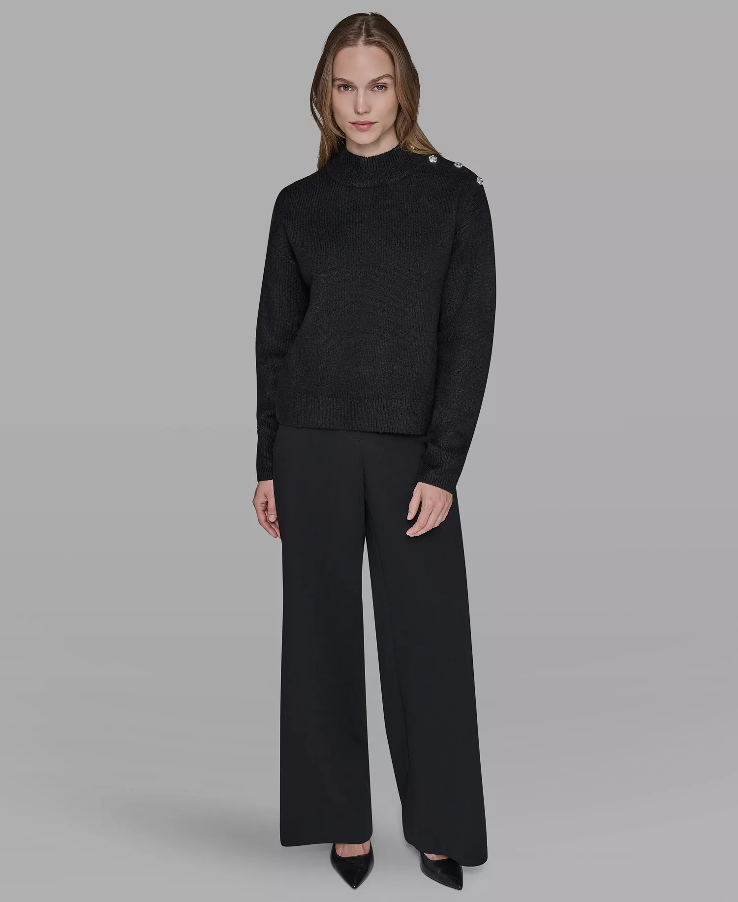 Women's Button Shoulder Long Sleeve Sweater - Black - XS