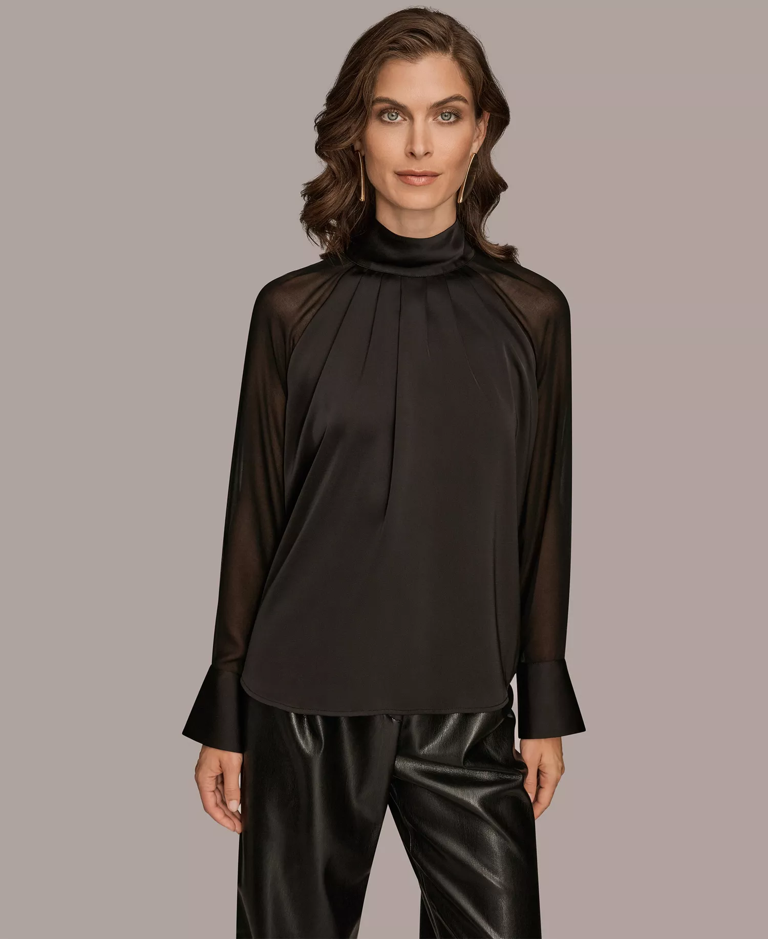 Women's High Neck Mix Media Blouse - Black - S