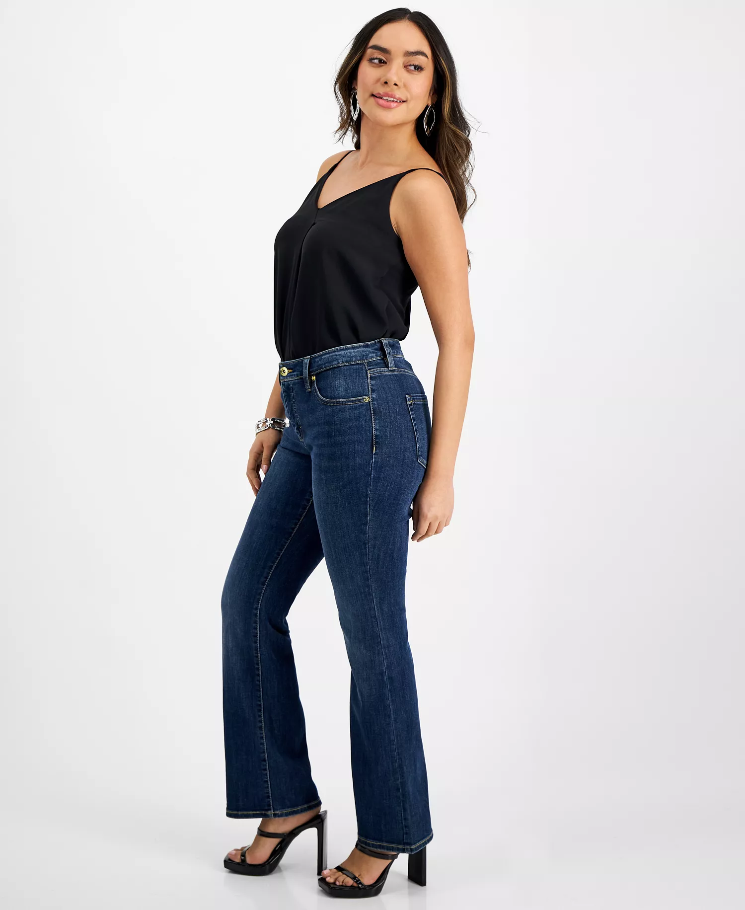Petite Mid-Rise Flare Denim Jeans, Created for Macy's - Dark Indigo - 0P