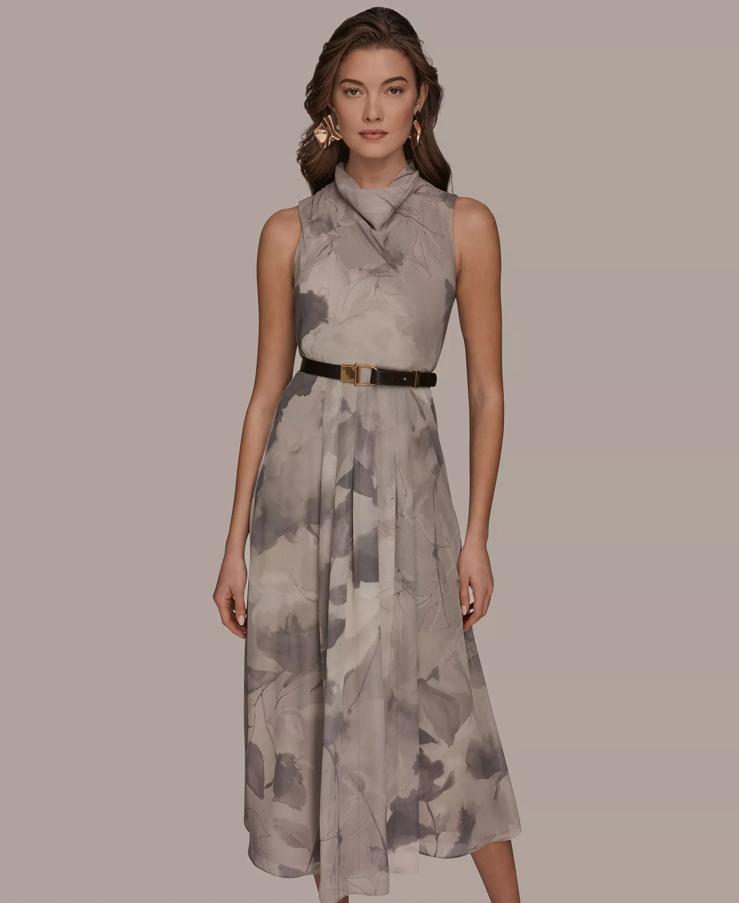 Women's Sleeveless Cowl Neck Floral Print Belted A-Line Midi Dress - Driftwood Multi - 10