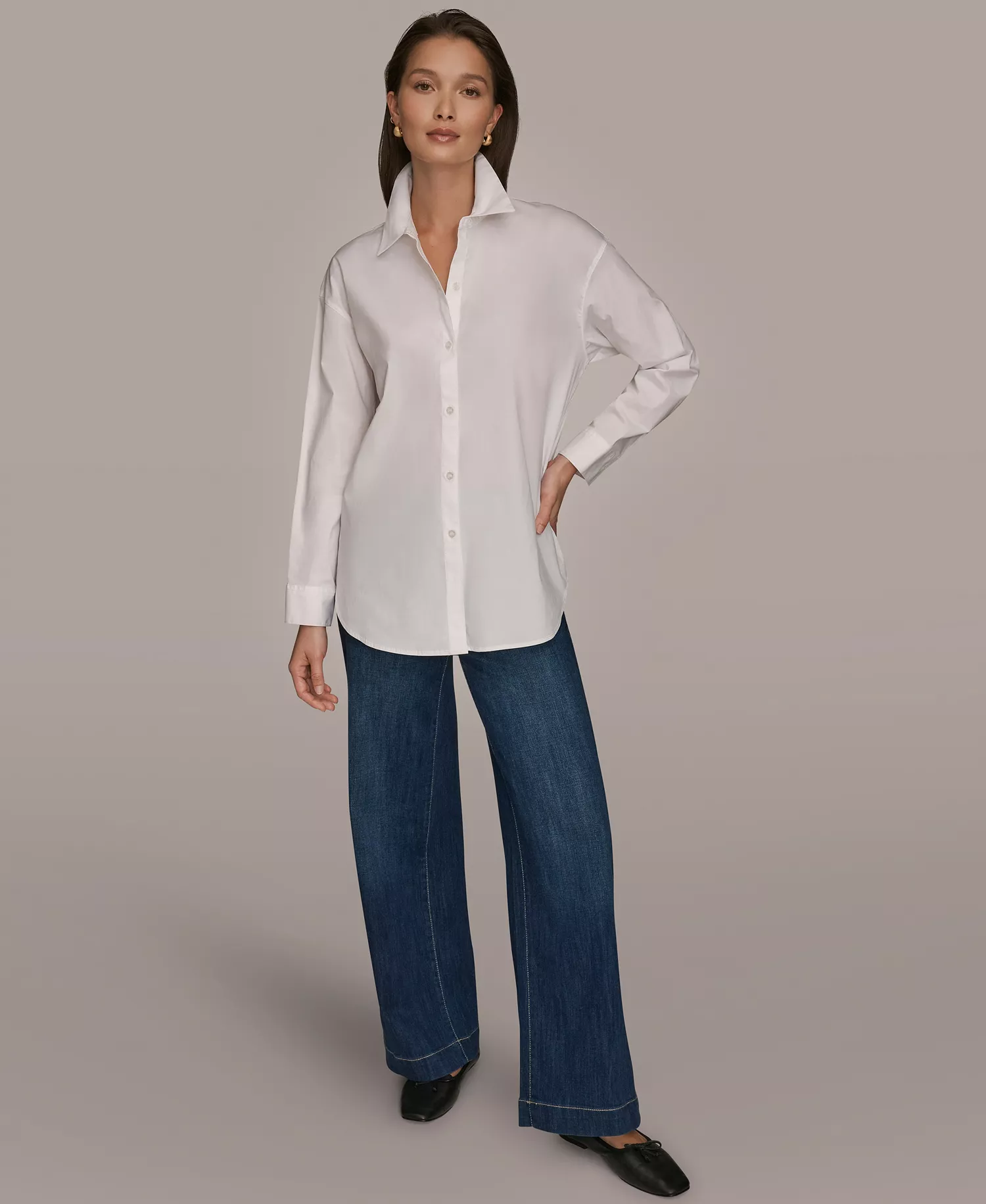 Women's Stretch Poplin Button-Down Shirt - White - L