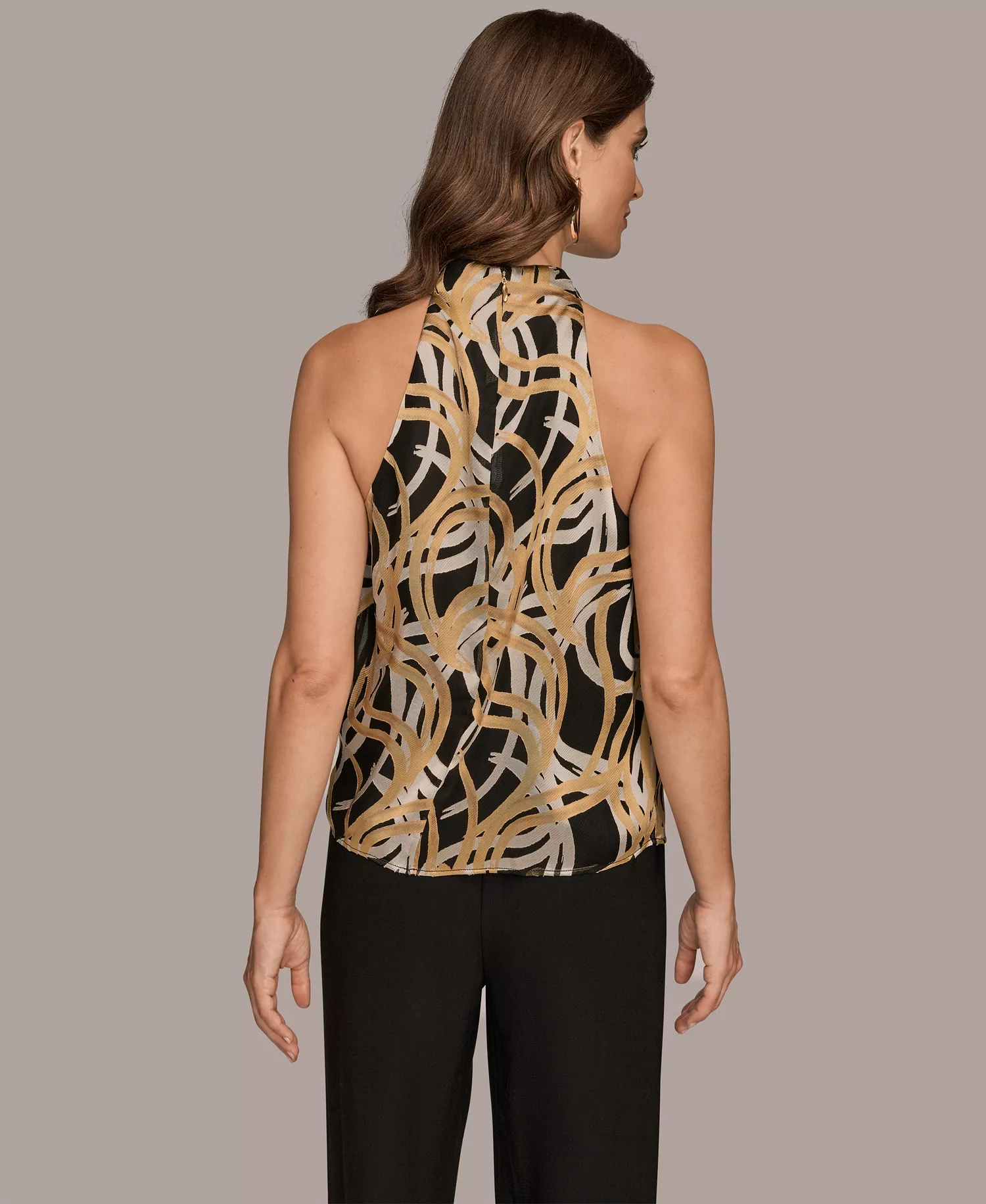 Women's Pleated Shoulder Novelty Burnout Halter Top - Black/Fawn/Tuscan Gray - L