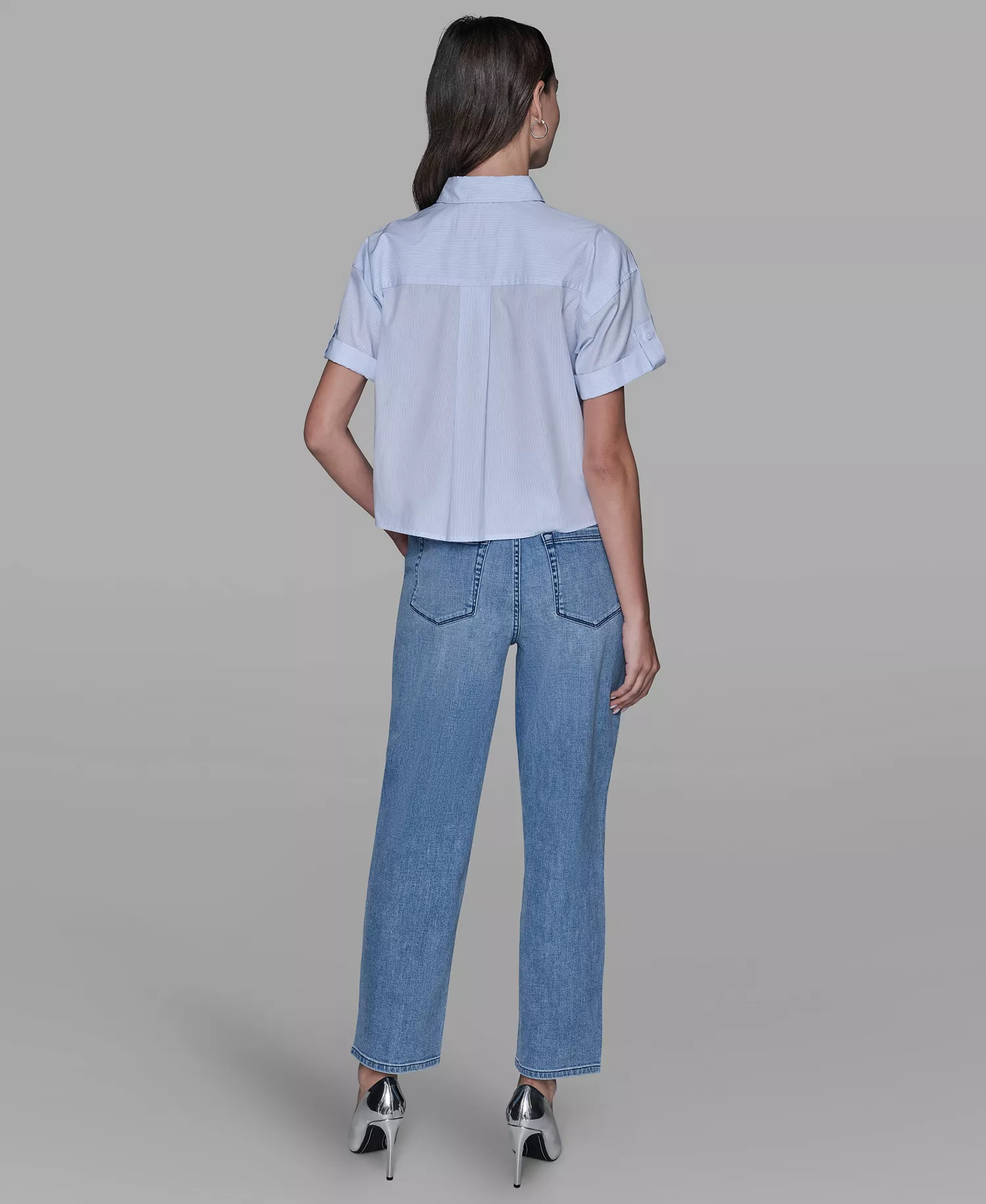 Women's Short-Sleeve Striped Floral Poplin Blouse - Blue Aura/soft White - L