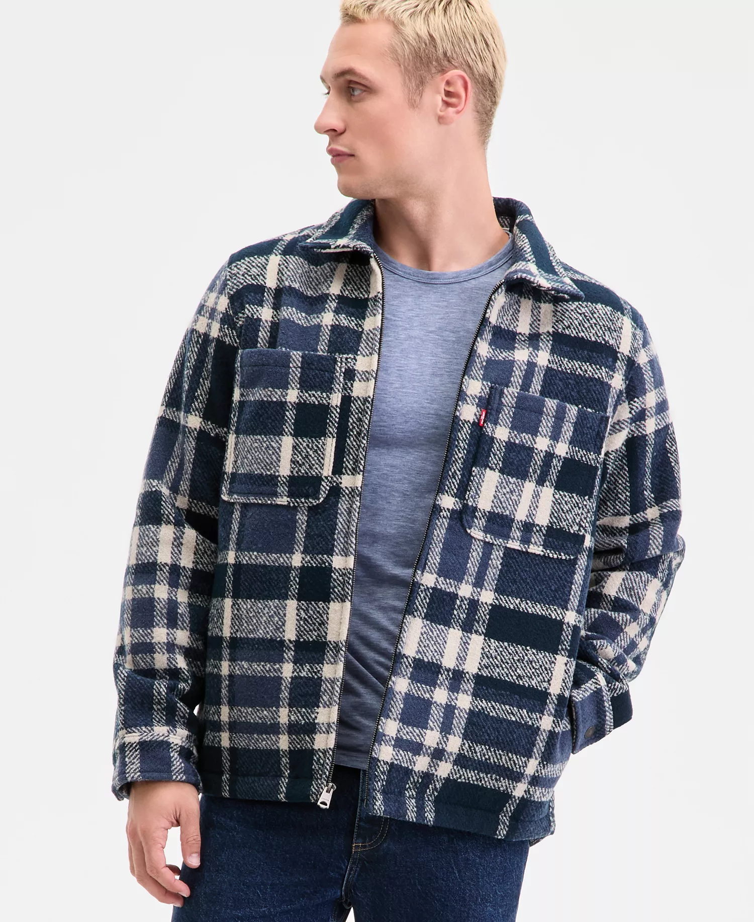 Men's Plaid Shirt Jacket - Blue Plaid - L