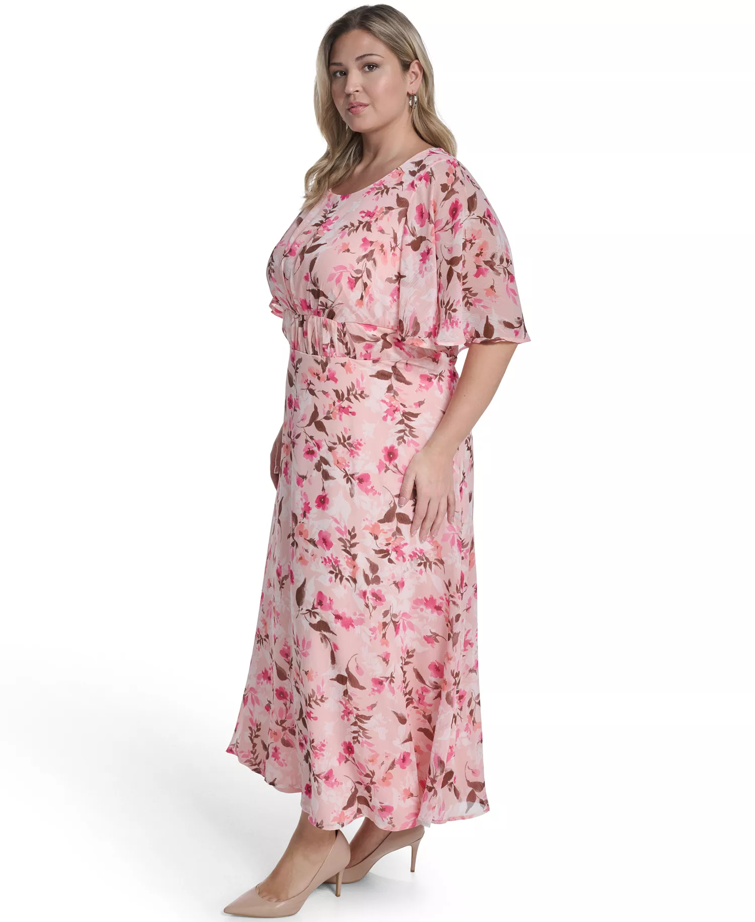 Plus Size Smocked Waist Cape-Sleeve Dress - Blossom Multi - 14W