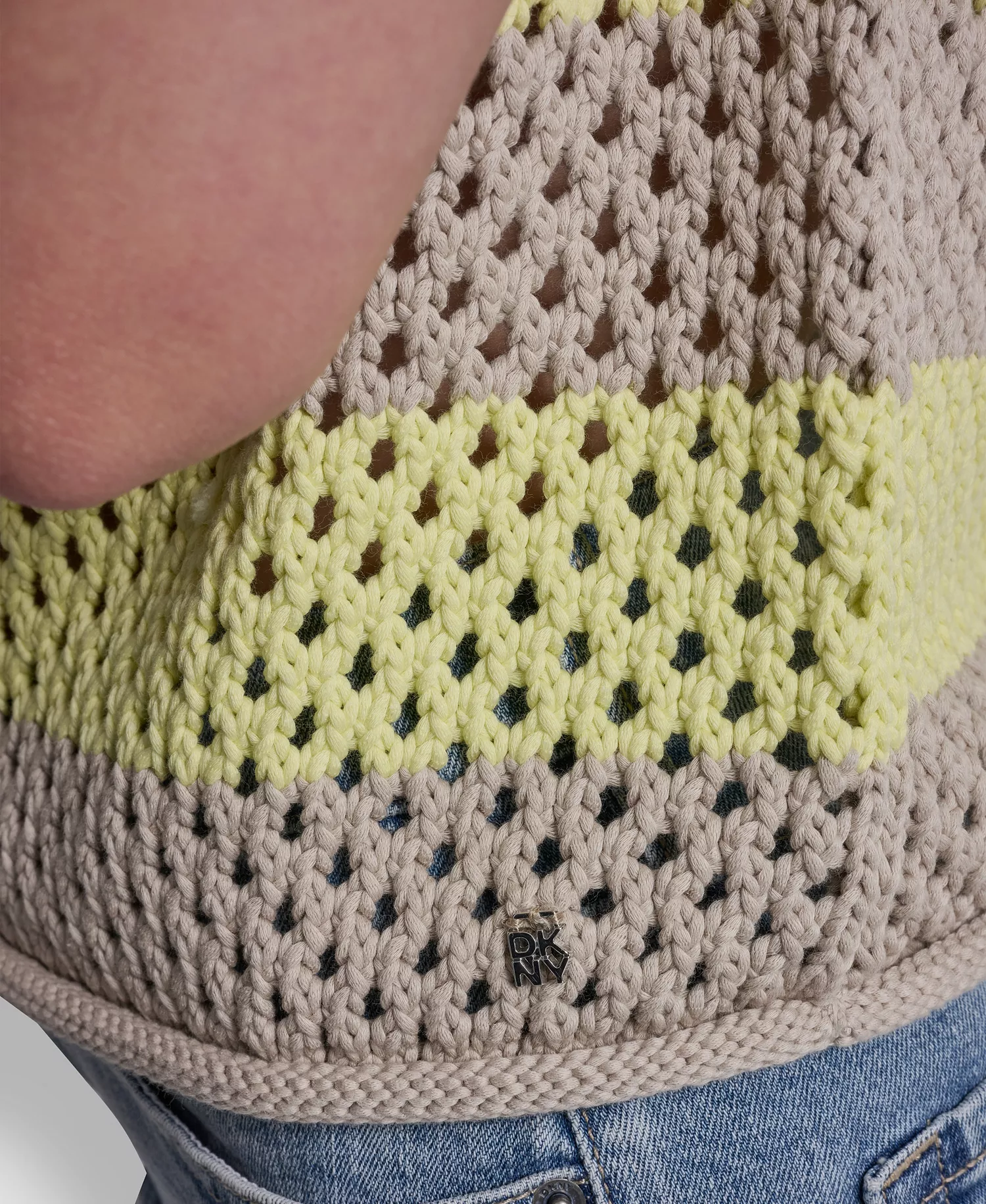 Women's Short-Sleeve Raglan Stripe Pointelle Pull-On Sweater - Pebble/lemon Light - L