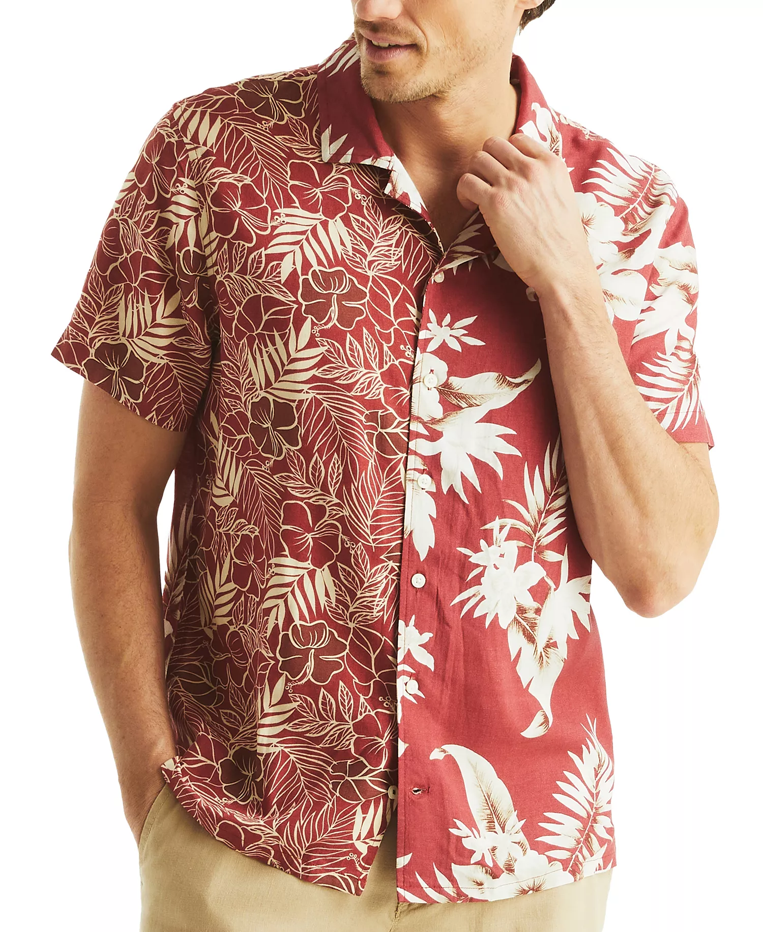 Men's Printed Tropical Button-Up Camp Shirt - Ocean Garnet - L