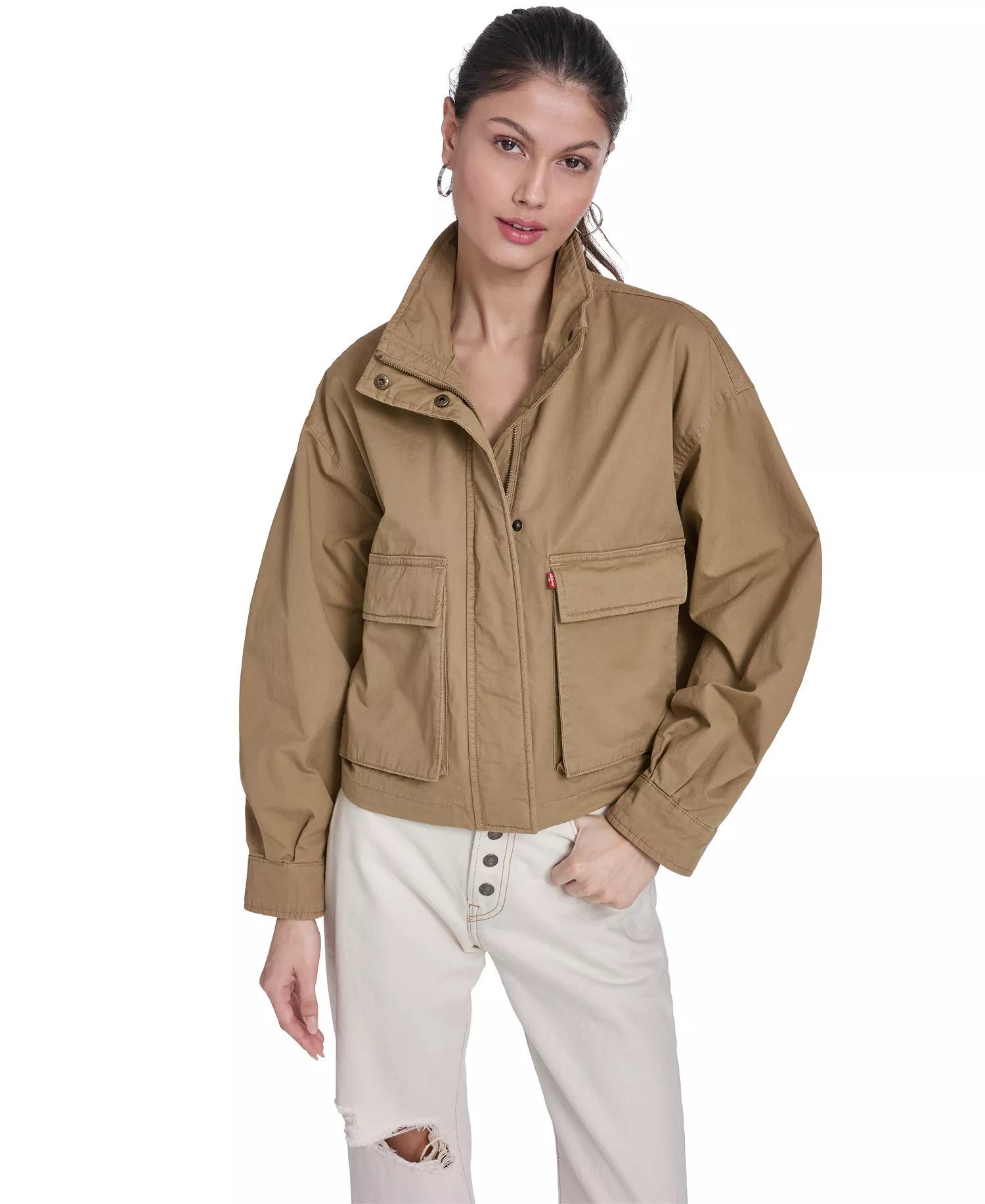 Women's Stand Collar Zipper Jacket - Camel - L