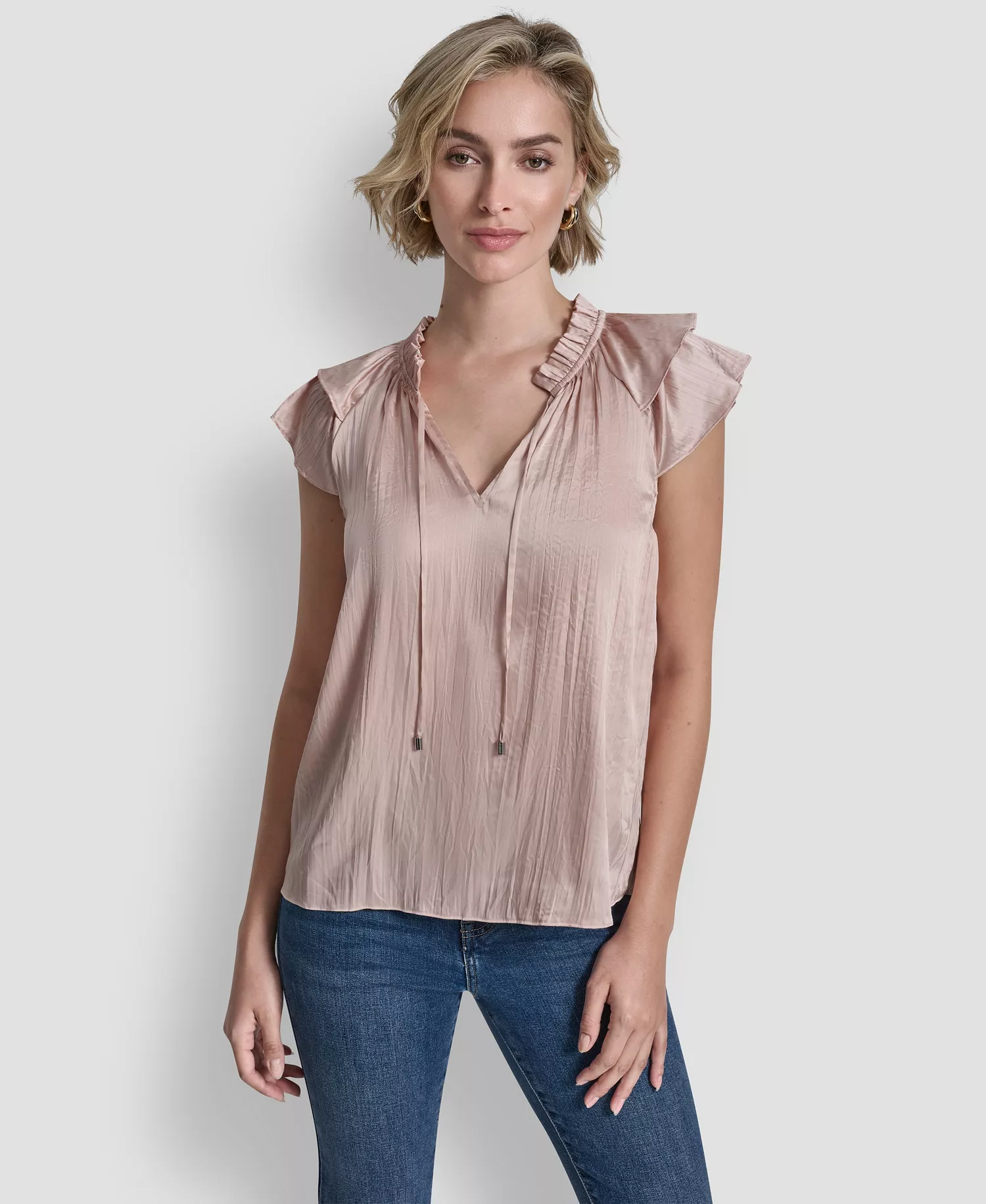 Women's Short-Sleeve Pleated Tie Front Blouse - Cameo - L