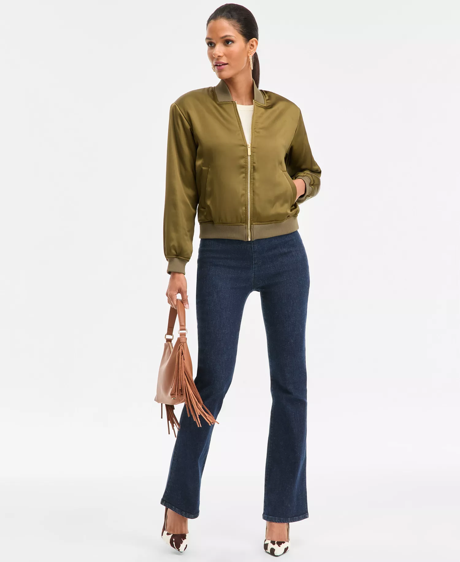 Women's Satin Bomber Jacket, Macy's Exclusive  - Dark Olive - XL