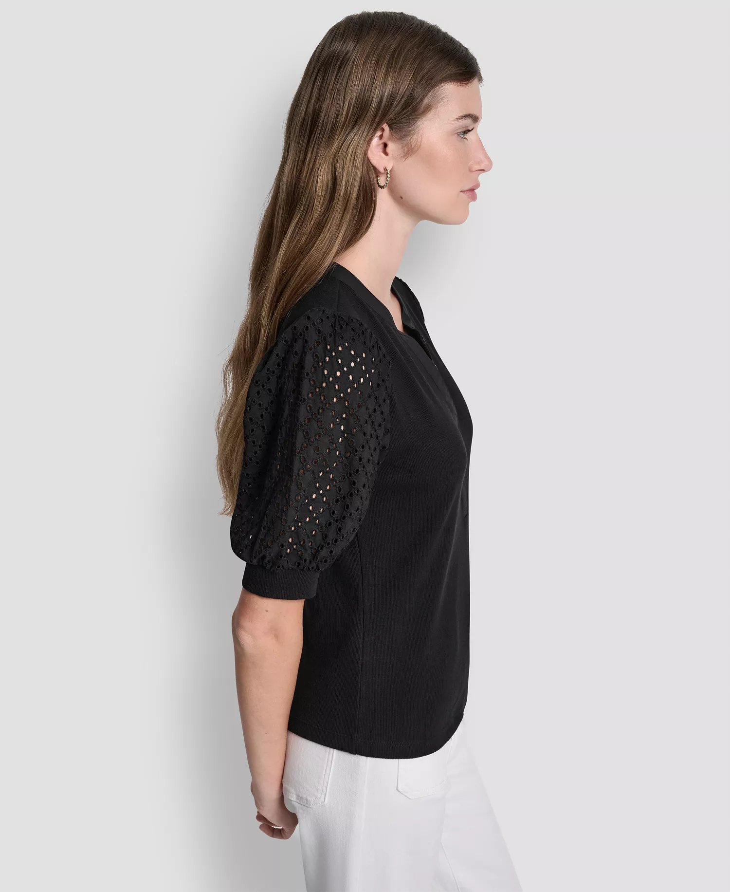 Women's Puff-Sleeve Henley Top - Clover Black - L
