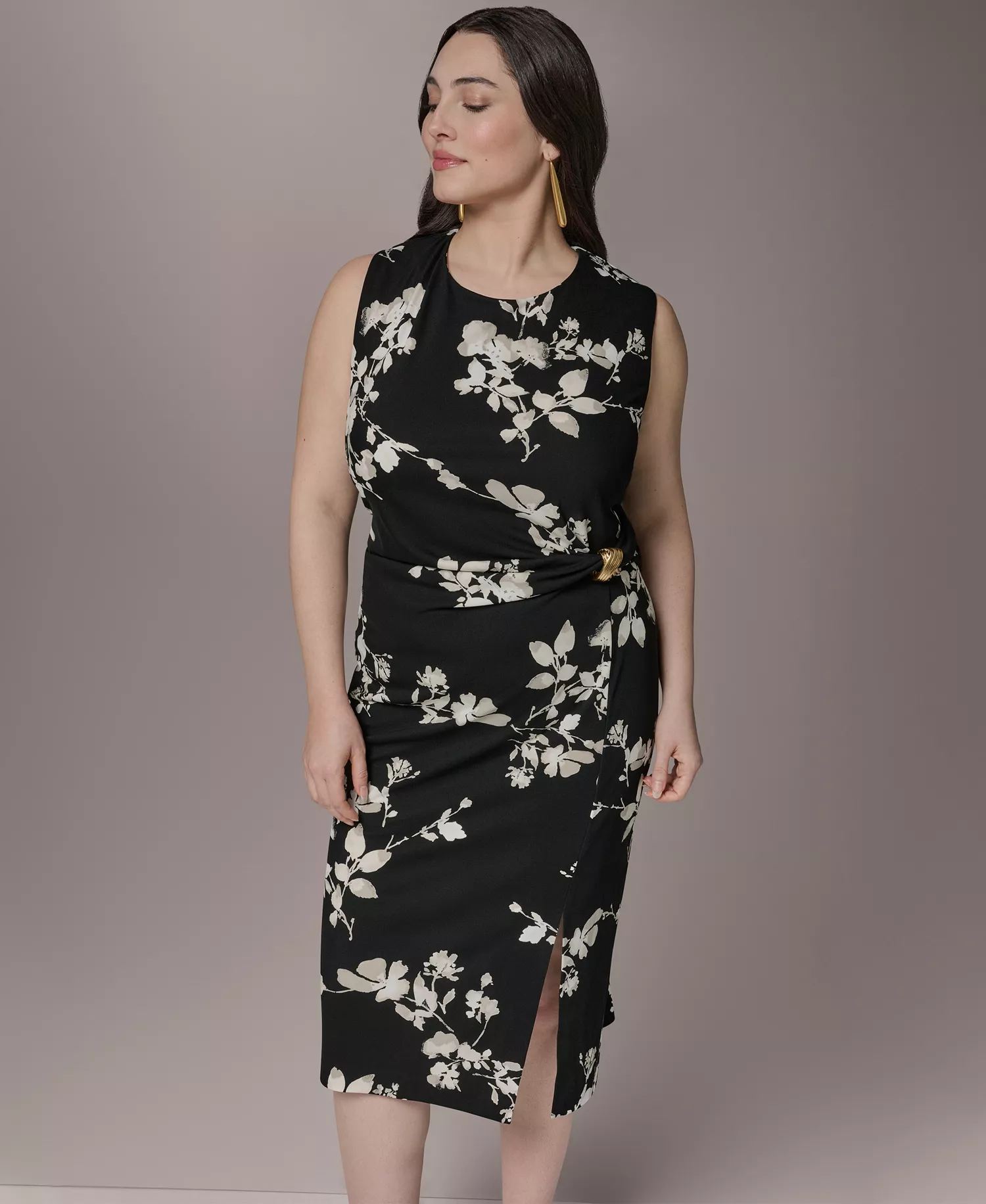 Plus Size Sleeveless Side Ring Sheath Dress - Black Multi - 14W