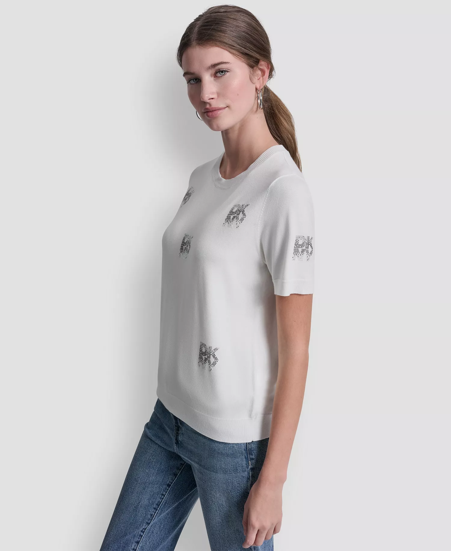 Women's Embellished Logo Crew Neck Sweater - Ivory - L