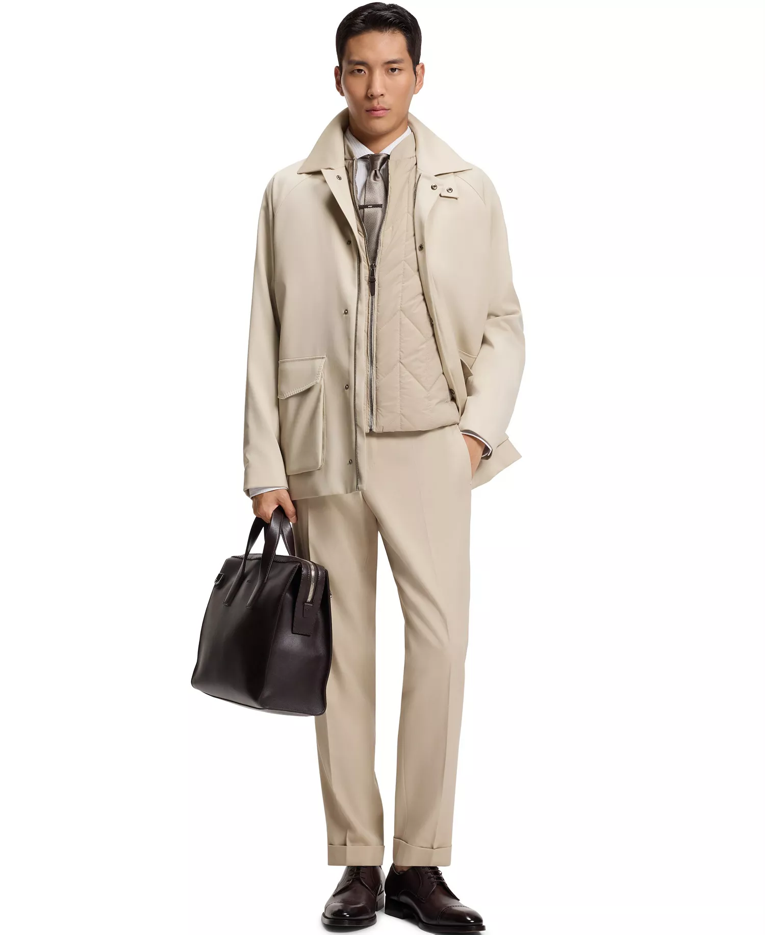 Men's Virgin Wool Cotton Tapered-Fit Pants - Dark Beige - 34R