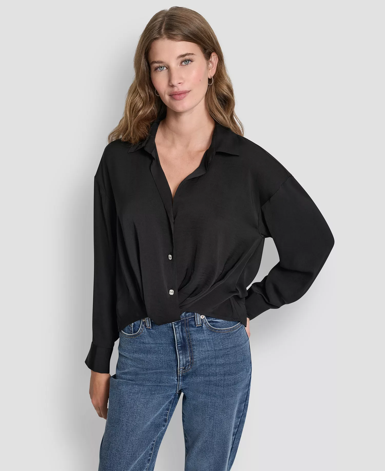 Women's Long-Sleeve Rhinestone Button-Front Shirt With Twist Hem - Black - L