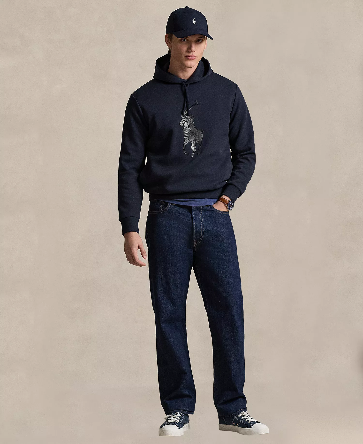 Men's Leather-Pony Double-Knit Hoodie - Aviator Navy - 2XL