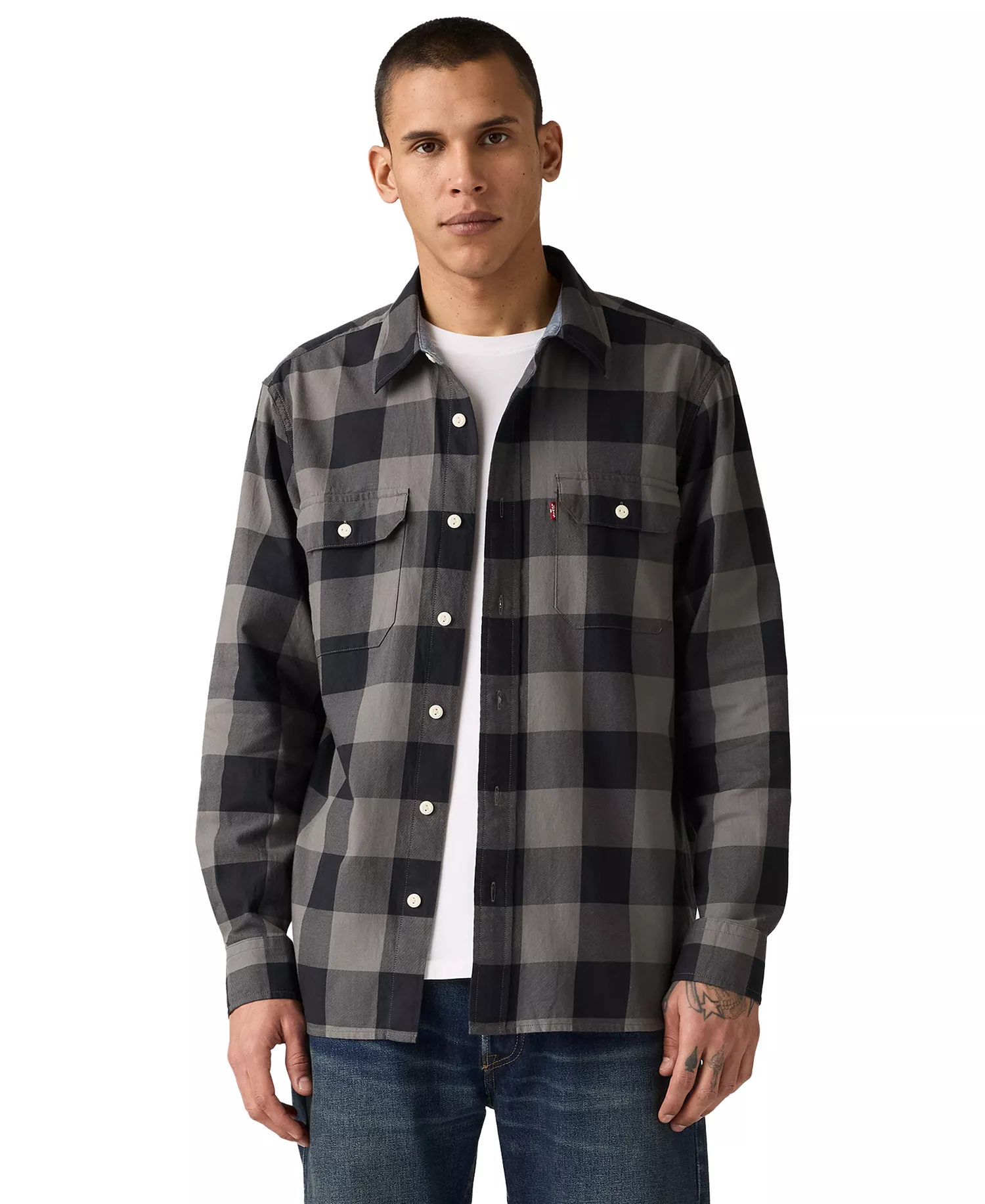 Men's Relaxed-Fit Long-Sleeve Button-Front Worker Shirt - Albany plaid pearl - 2XL