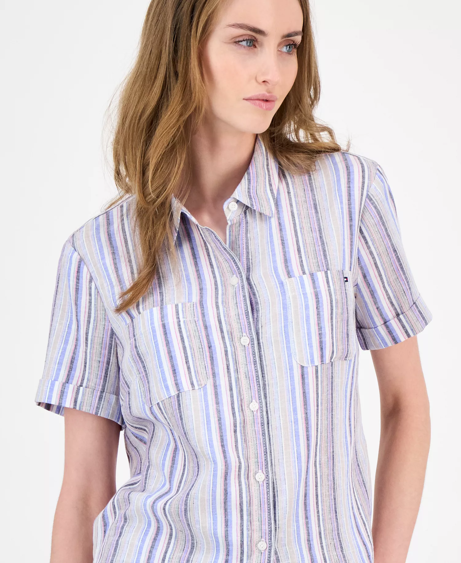 Women's Striped Short-Sleeve Camp Shirt - Provence Blue Multi - L