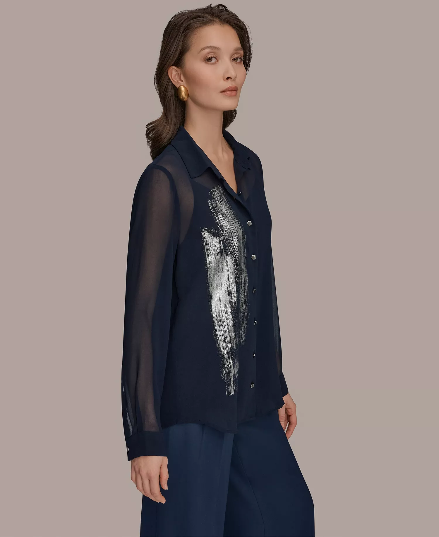 Women's Brush Stroke Button-Down Camisole Top, Regular & Petite - Nightfall/Gunmetal - L